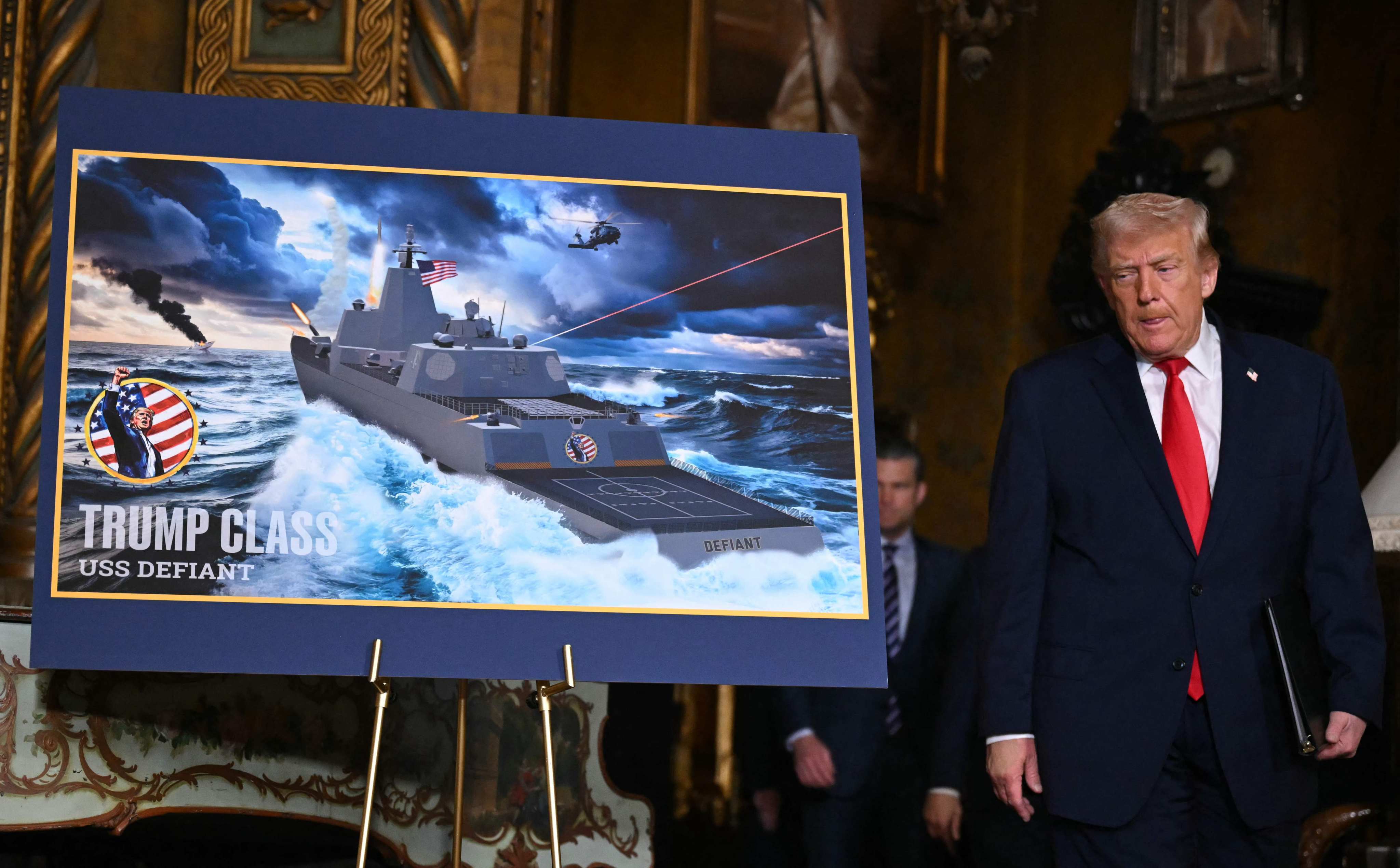 US President Donald Trump announces plans for a new class of warships bearing his name at Mar-a-Lago in Palm Beach, Florida, on Monday. Photo: AFP