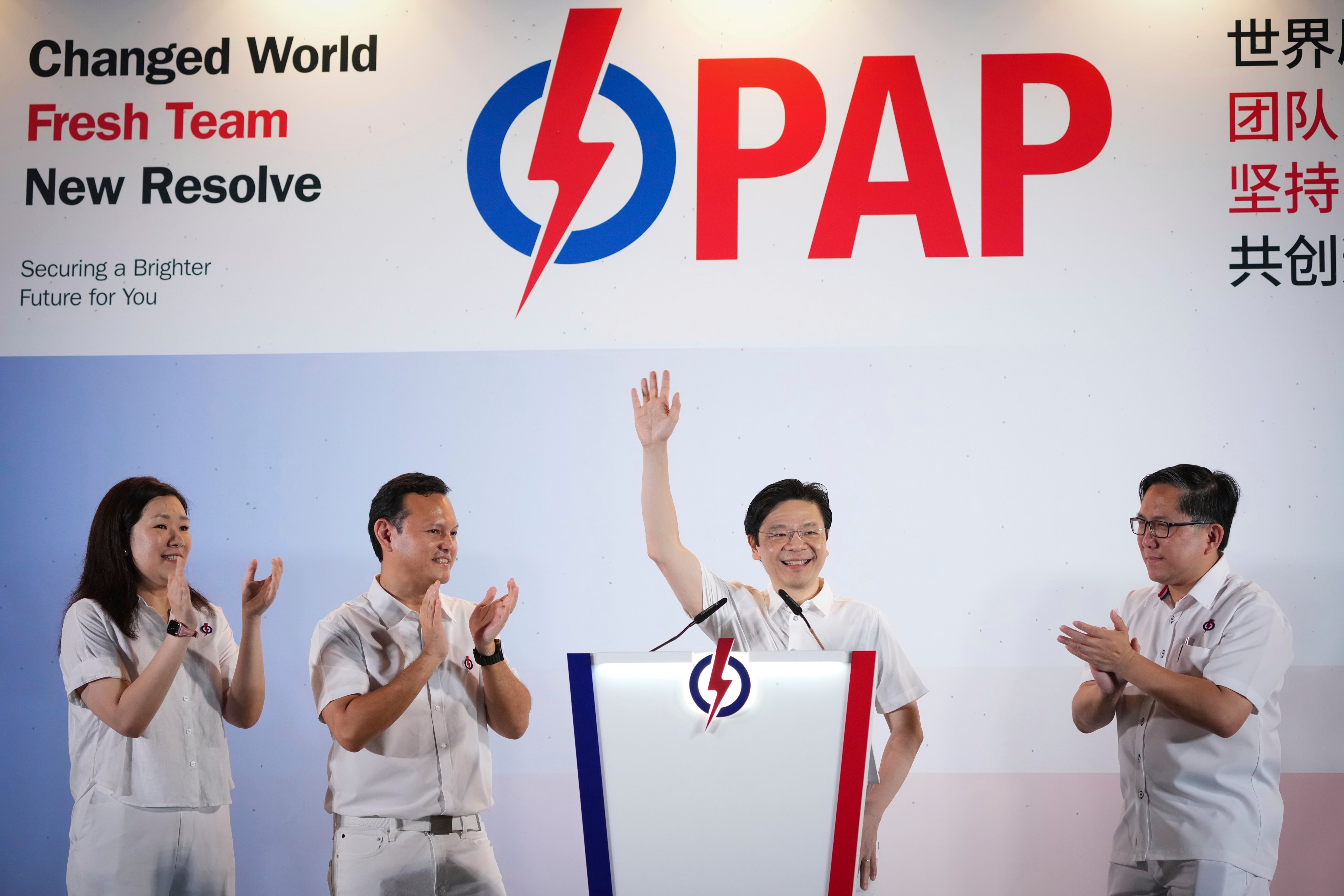 Singapore’s Prime Minister Lawrence Wong of the People’s Action Party thanks voters at an assembly area for the party’s supporters on general election day on May 3. Photo: AP