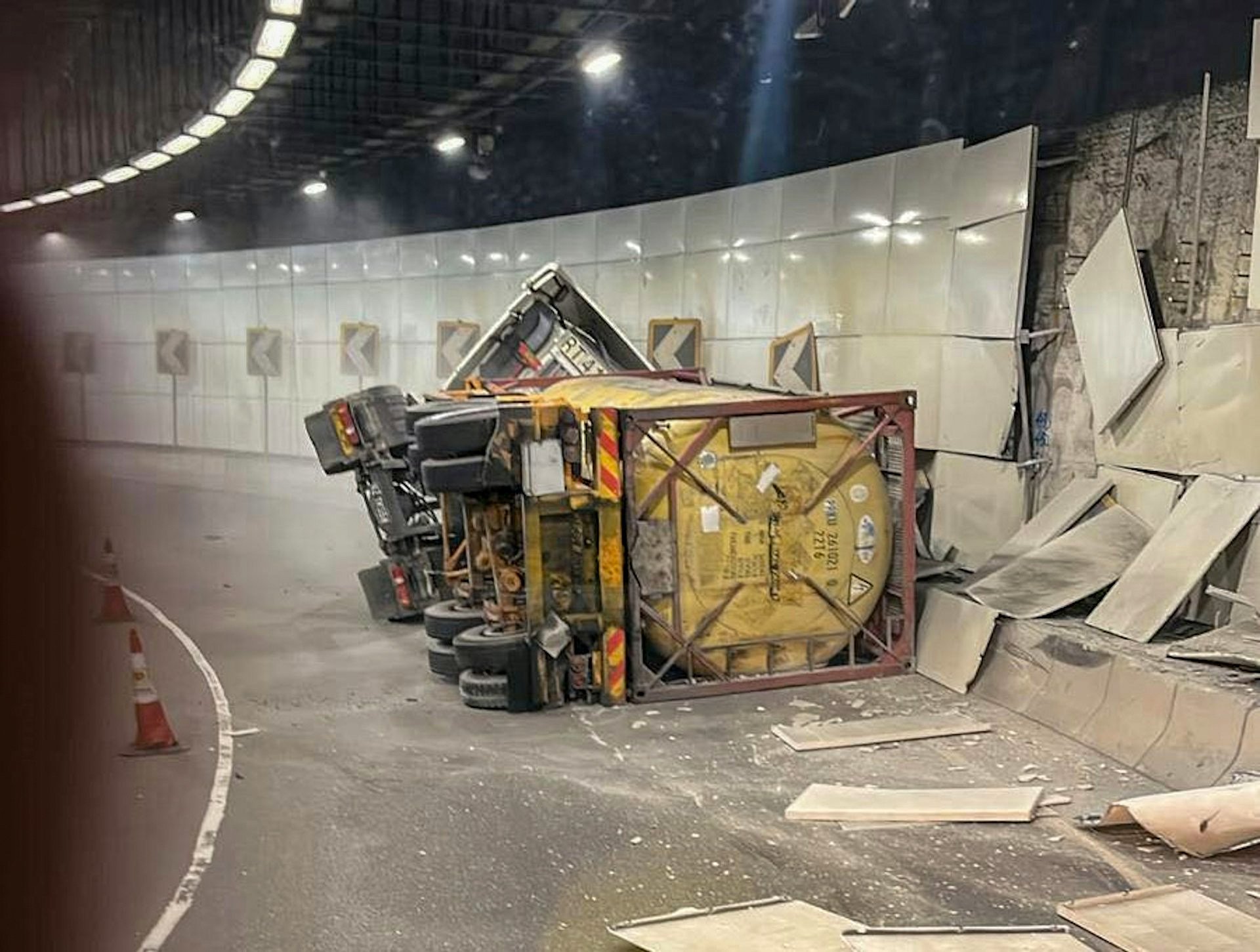 The fuel truck tipped over in Tseung Kwan O–Lam Tin Tunnel on Saturday afternoon. Photo: Handout