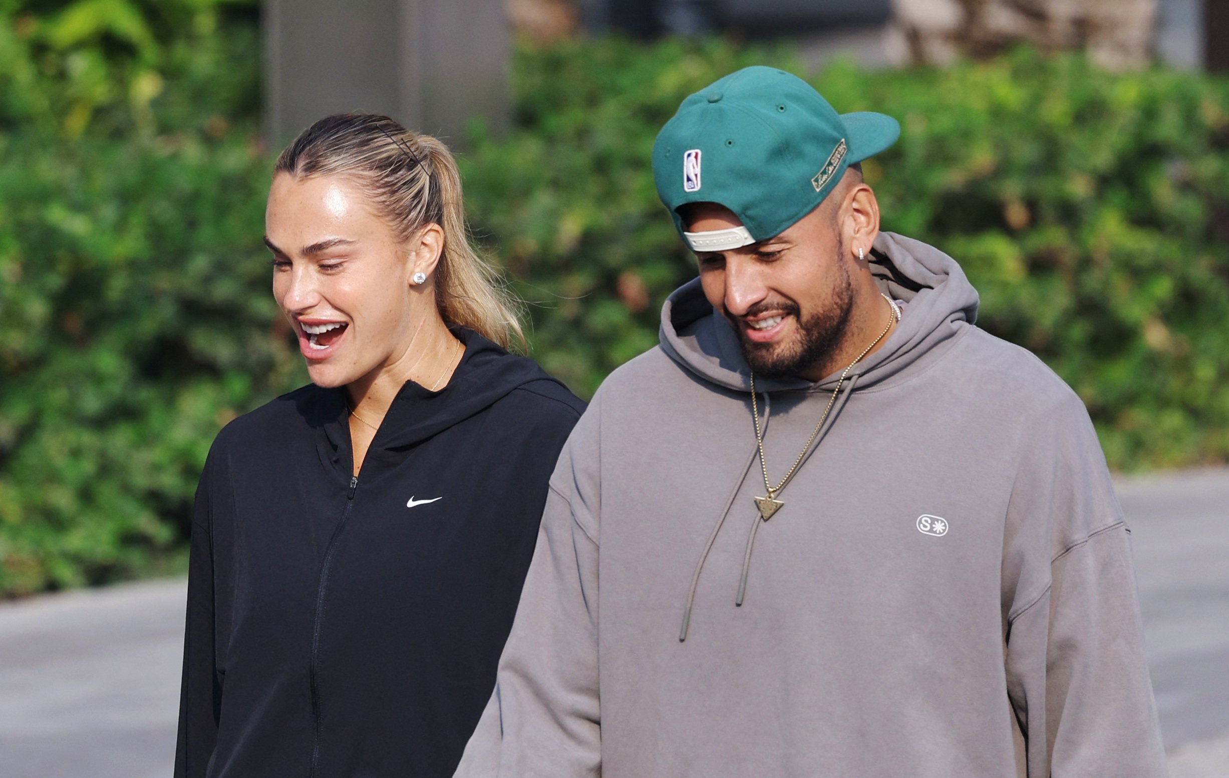 Nick Kyrgios and Aryna Sabalenka arrive for the “Battle of the Sexes” press conference in Dubai on Saturday. Photo: Reuters