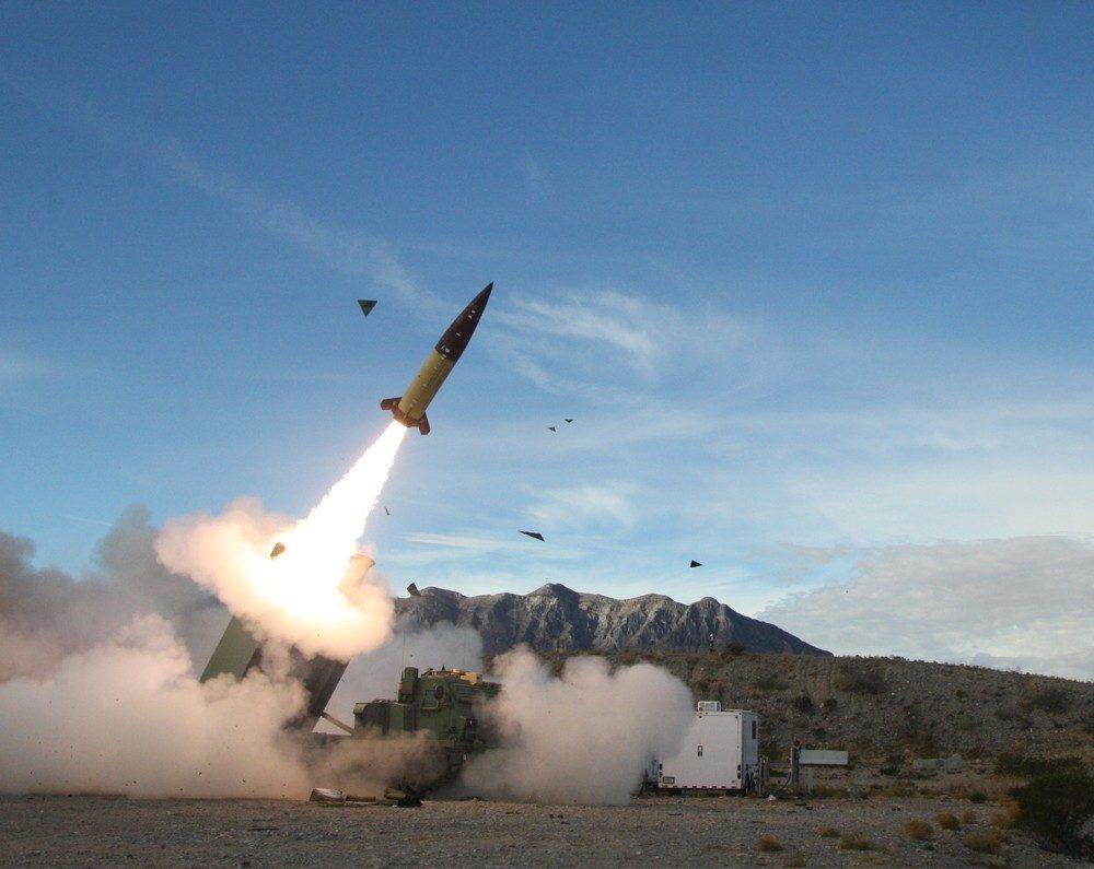 An Army Tactical Missile System (ATACMS) missile, a long-range guided weapon fired from the Multiple Launch Rocket System (MLRS), shown during a military display. Photo: Handout