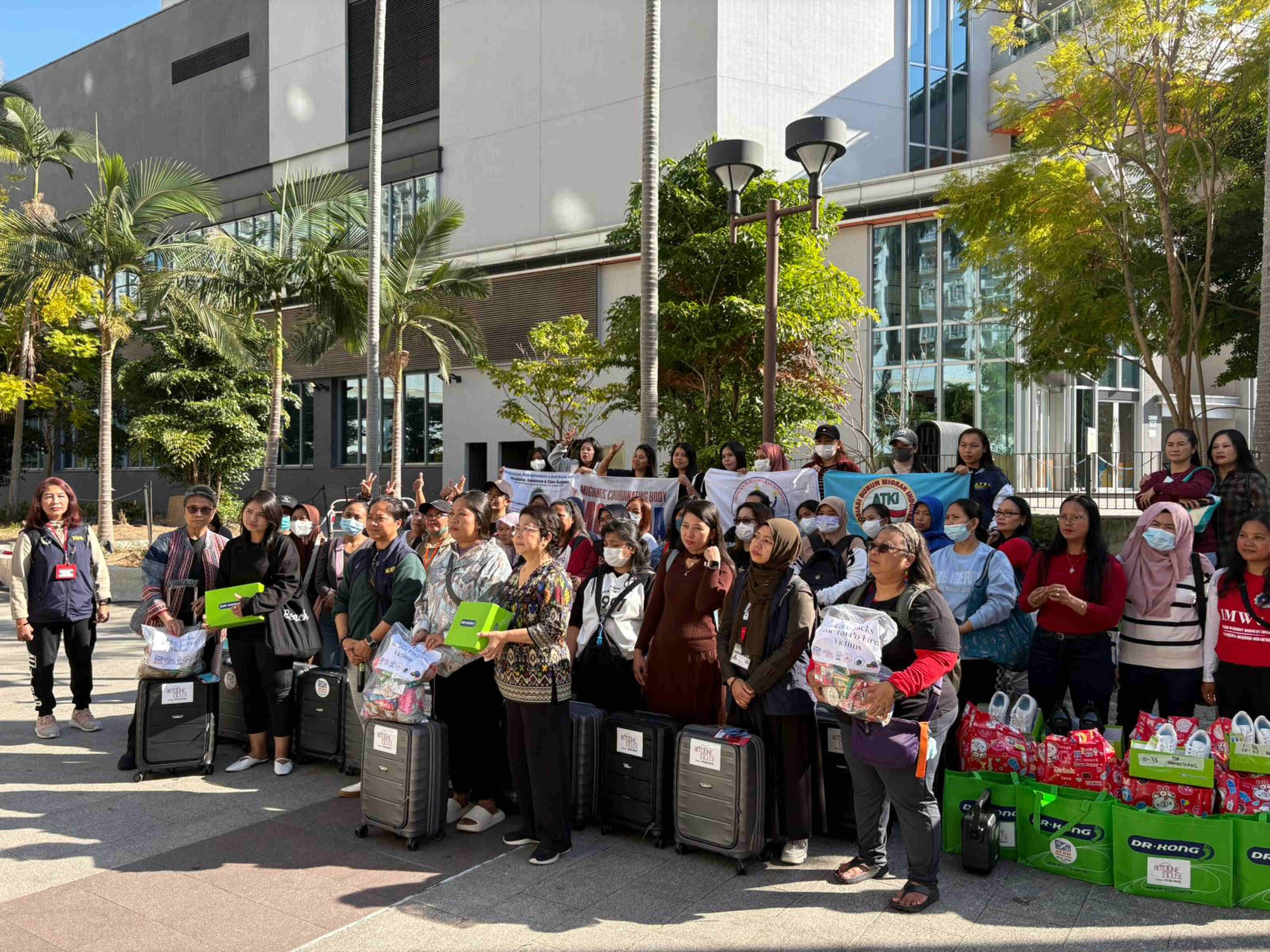 Indonesian domestic helpers affected by the Wang Fuk Court fire have received supplies from six NGOs. Photo: Themis Chen