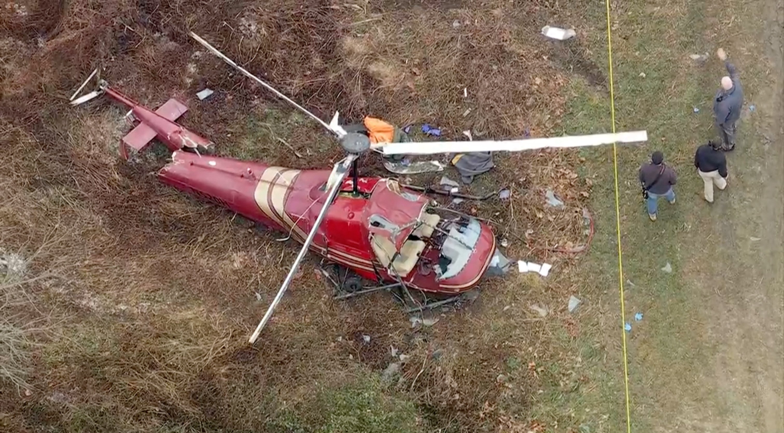 The scene after two helicopters crashed in Hammonton, New Jersey on Sunday. Photo: WPVI-TV/6ABC via AP