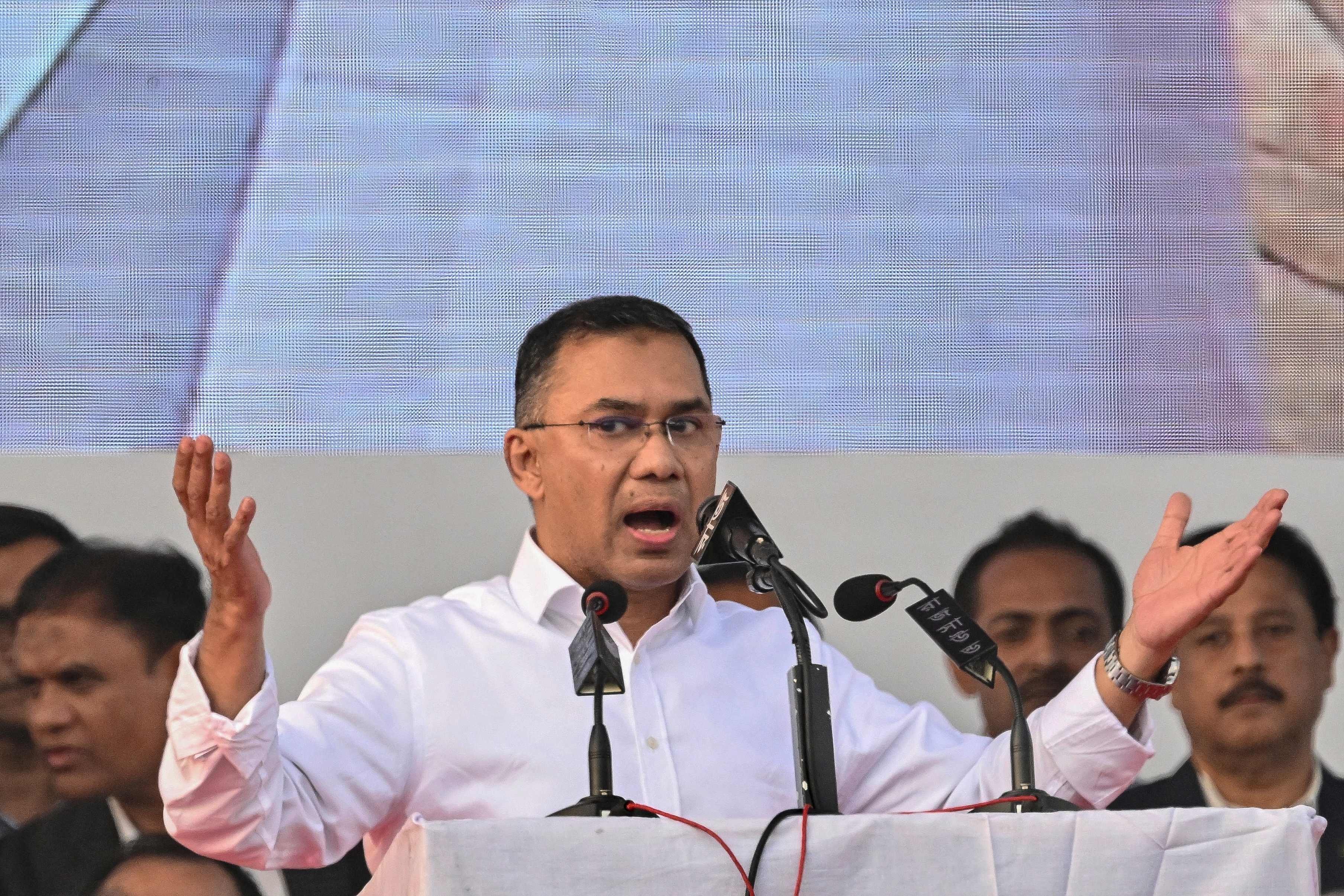 Tarique Rahman, son of former prime minister Khaleda Zia and Bangladesh Nationalist Party‘s acting chairman, addresses supporters during a rally after his arrival in Dhaka on Thursday. Photo: AFP