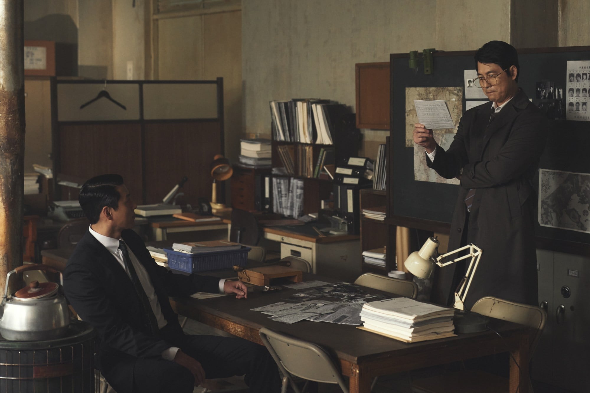 Hyun Bin, left, as political operator Baek Ki-tae and Jung Woo-sung as Busan prosecutor Jang Gun-young in a still from 'Made in Korea.' Courtesy of Disney+