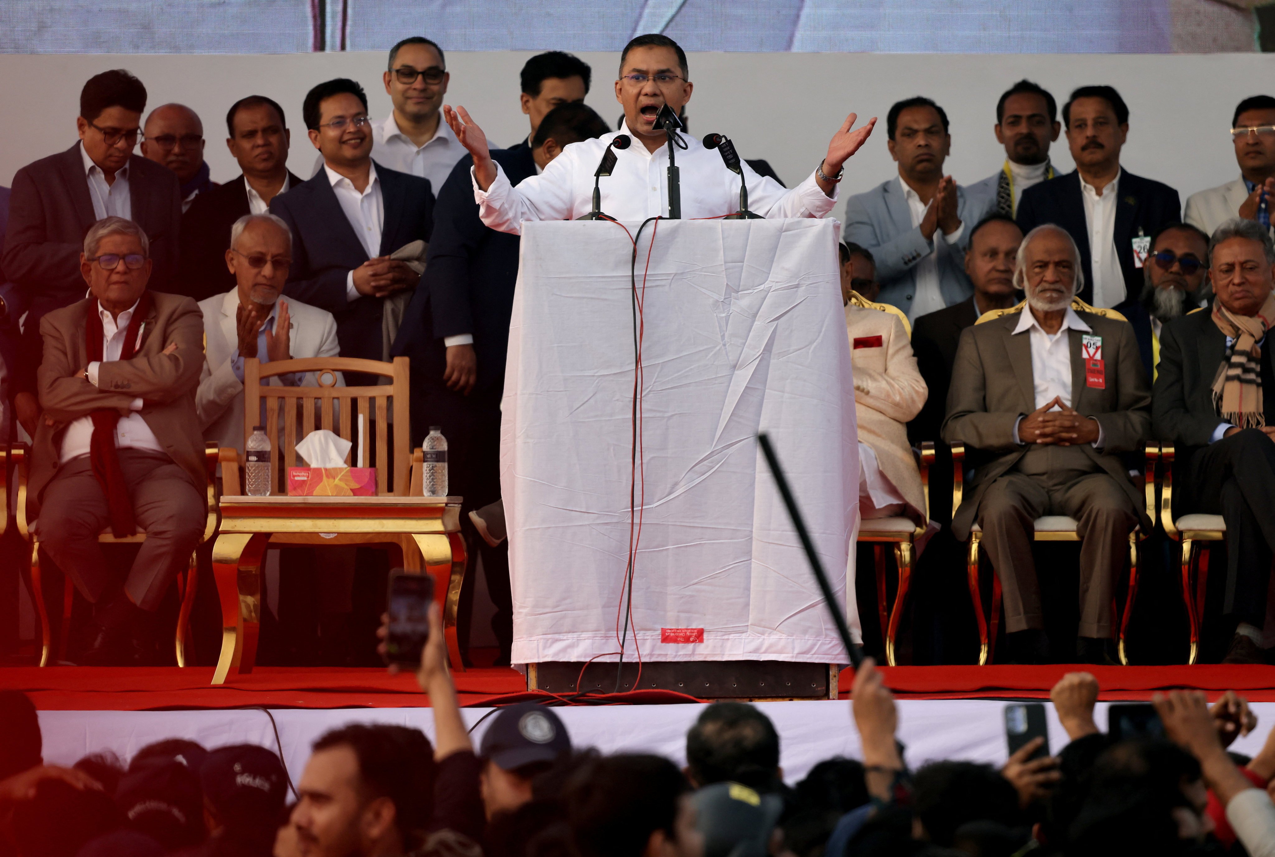 Then acting Bangladesh Nationalist Party chairman Tarique Rahman addresses his supporters after his return from London in Dhaka on December 25. Photo: Reuters