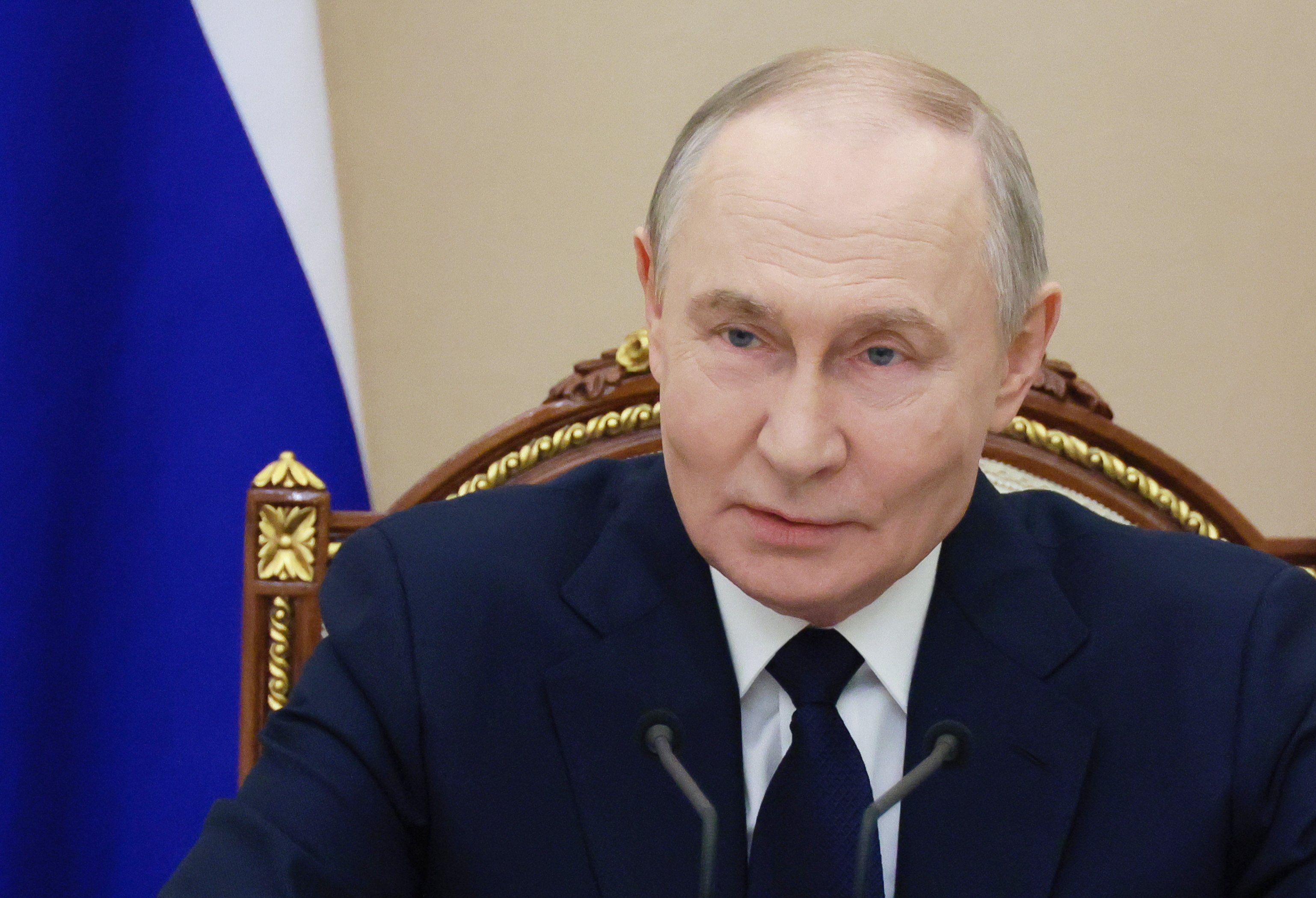 Russian President Vladimir Putin, in power for 26 years on Wednesday, chaired a meeting on Monday to discuss Russia’s attack on Ukraine. Photo: Mikhail Metzel via Sputnik/Kremlin