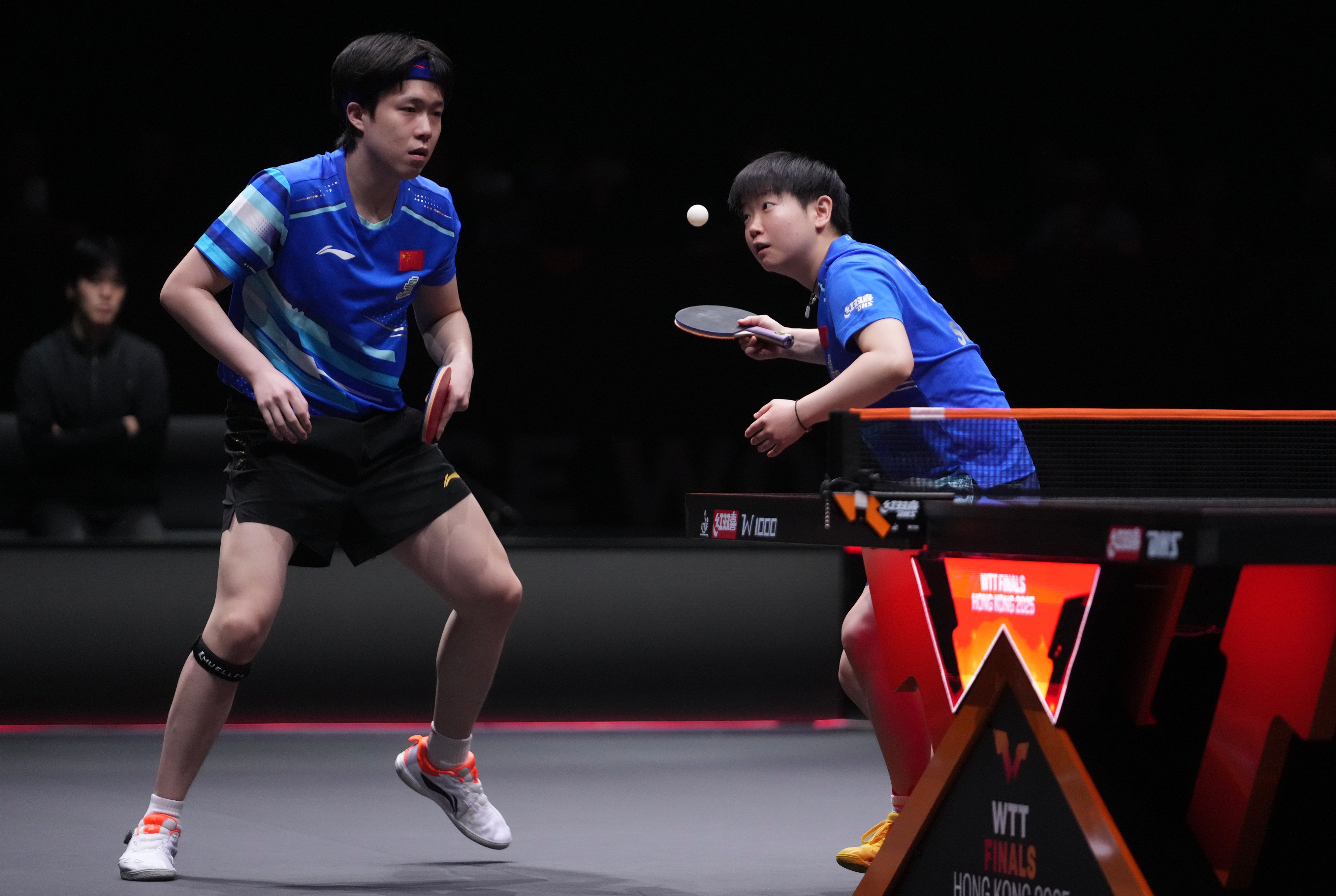 Wang Chuqin (left) and Sun Yingsha compete during the mixed doubles final against South Korea’s Lim Jonghoon and Shin Yubin of South Korea at the WTT Finals Hong Kong. Photo: Xinhua