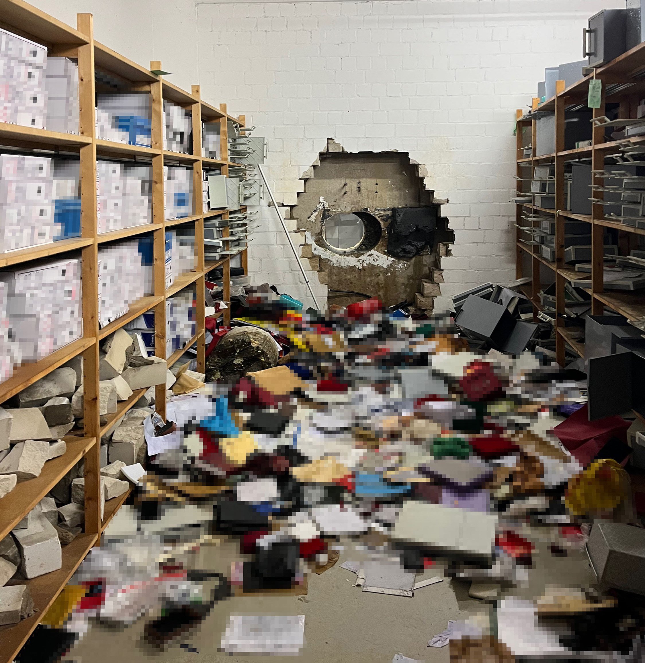 A giant hole in a wall of the vault of a Sparkasse bank branch after thieves broke in at the weekend. Photo: Police Gelsenkirchen / AFP / Handout