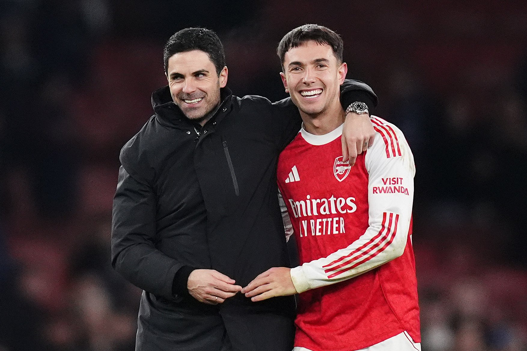 Arsenal’s Martin Zubimendi (right) and manager Mikel Arteta celebrate after beating Aston Villa at the Emirates Stadium. Photo: dpa