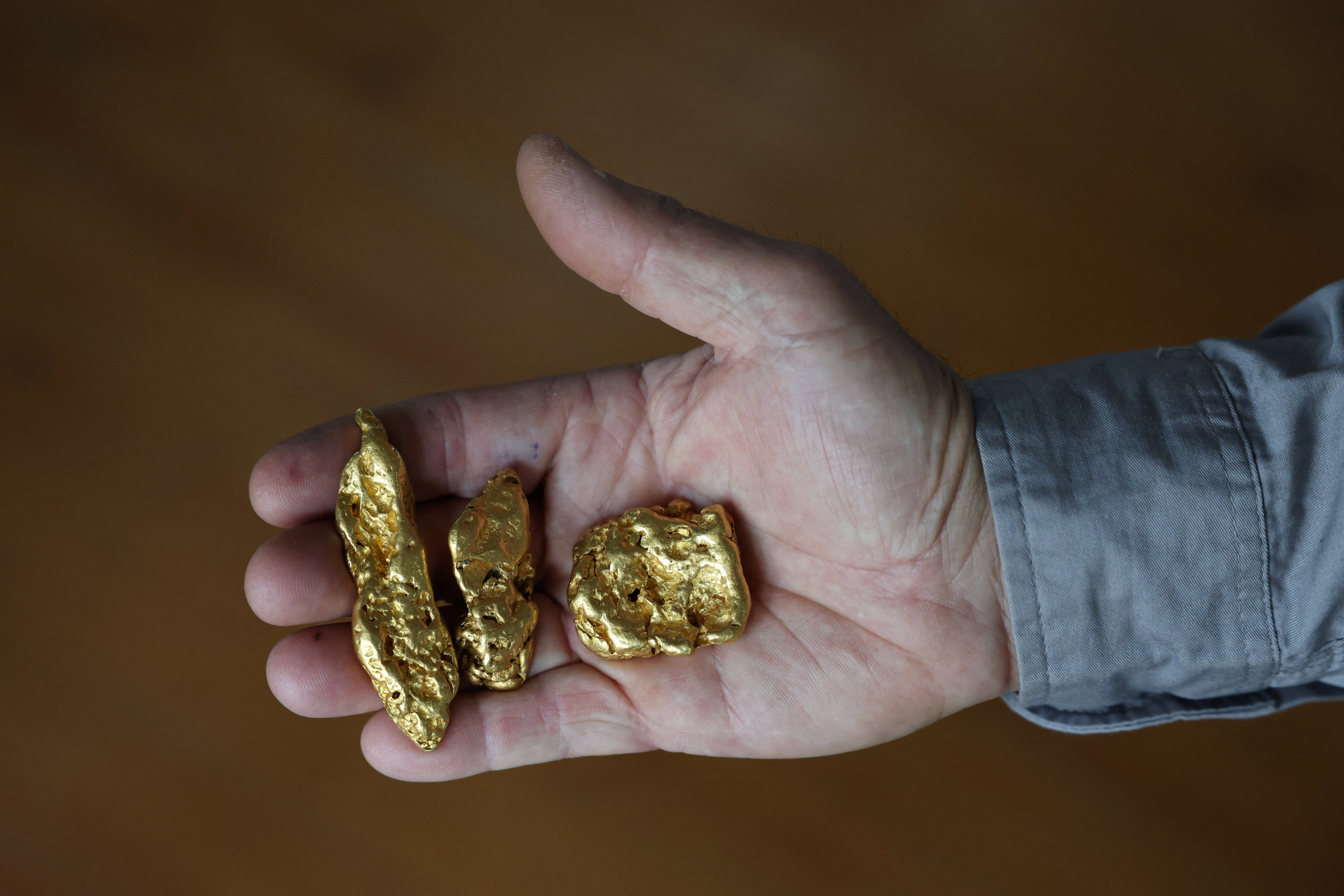 A shop worker holds three gold nuggets at The Gold Centre store in Maryborough, Australia. Photo: Reuters