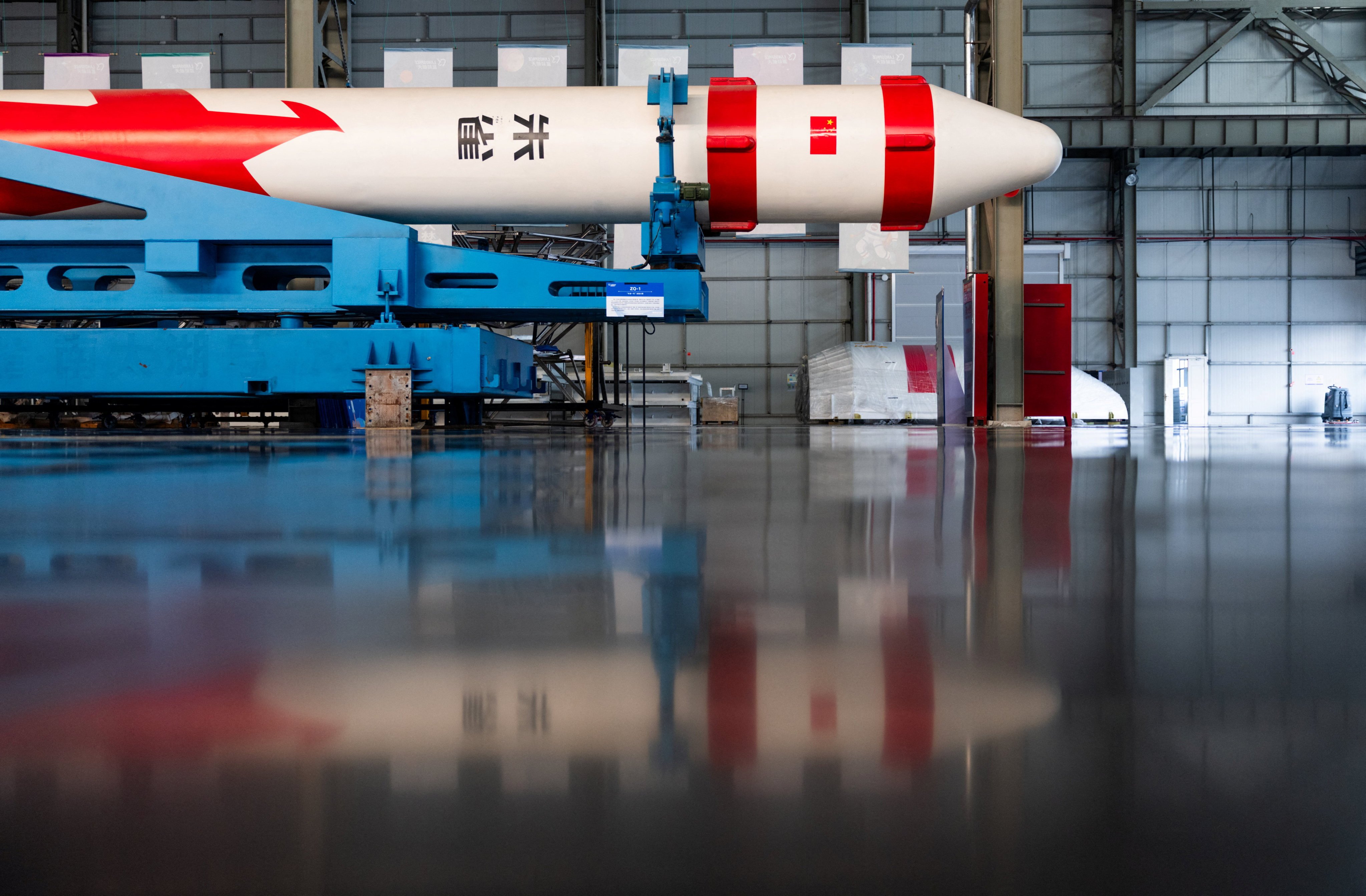A full-size model of LandSpace’s Zhuque-1 rocket, is displayed at its factory in Huzhou, Zhejiang province, on December 17, 2025. Photo: Reuters