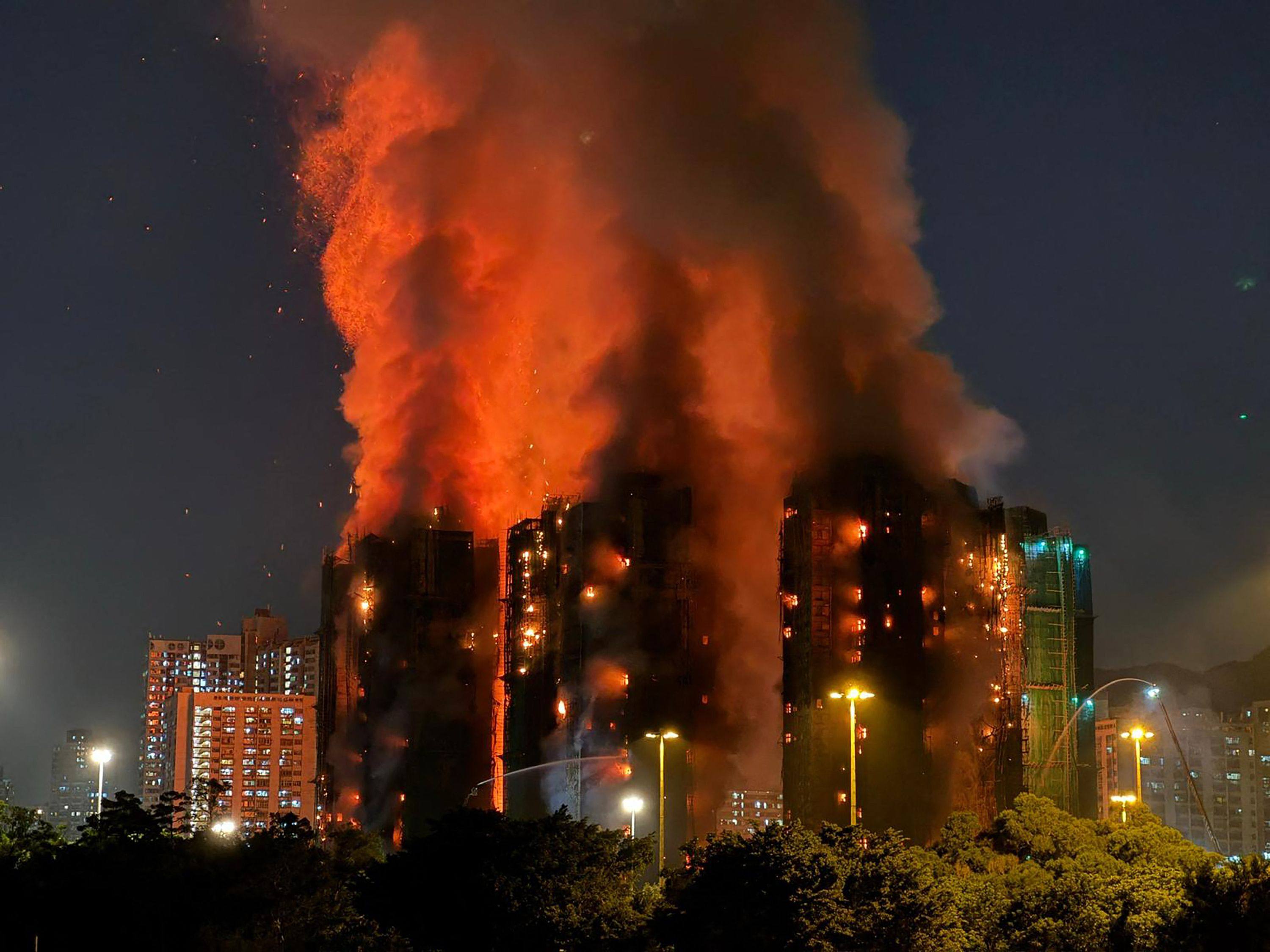 Thick smoke and flames rise as a major fire engulfs apartment blocks at the Wang Fuk Court residential estate in Hong Kong’s Tai Po district on November 26. Photo: AFP