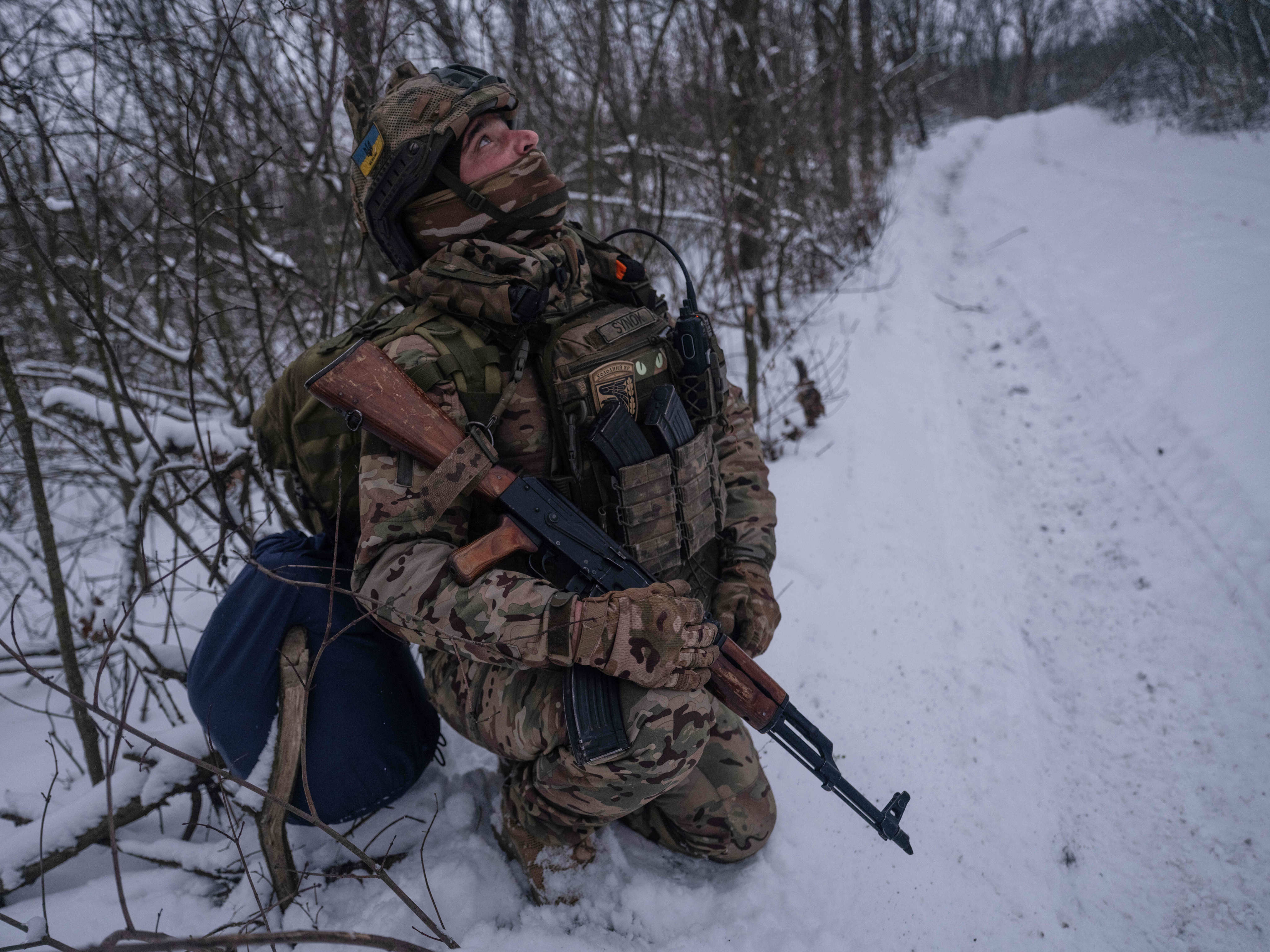 A soldier looks for FPV drones on the frontline near Kostyantynivka, in the Donetsk region, Ukraine, on Tuesday. Photo: Ukraine’s 93rd Mechanized Brigade via AP