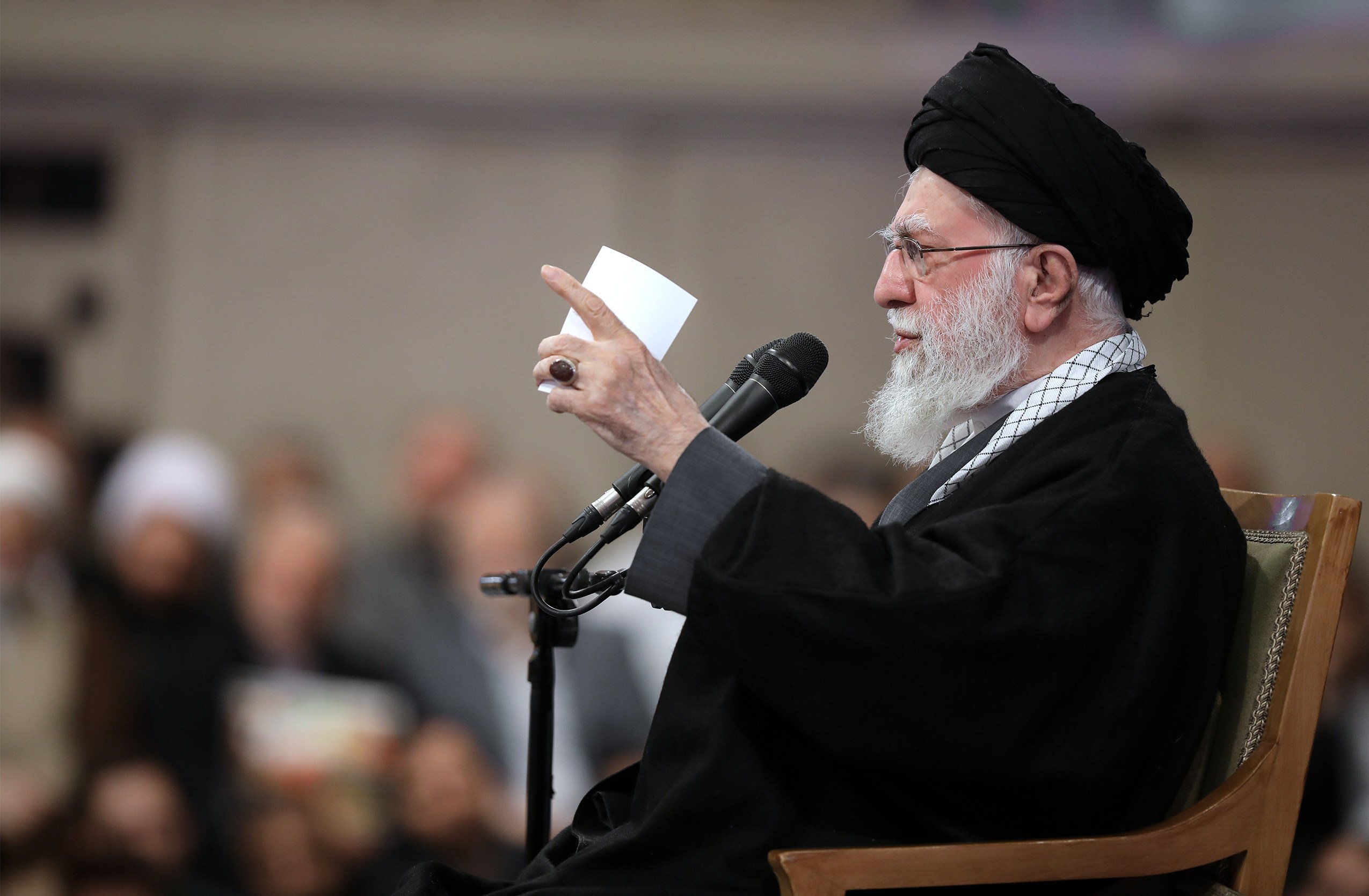 Iranian Supreme Leader Ayatollah Ali Khamenei speaks at a meeting, in Tehran, Iran on Saturday. Photo: Office of the Iranian Supreme Leader/AP