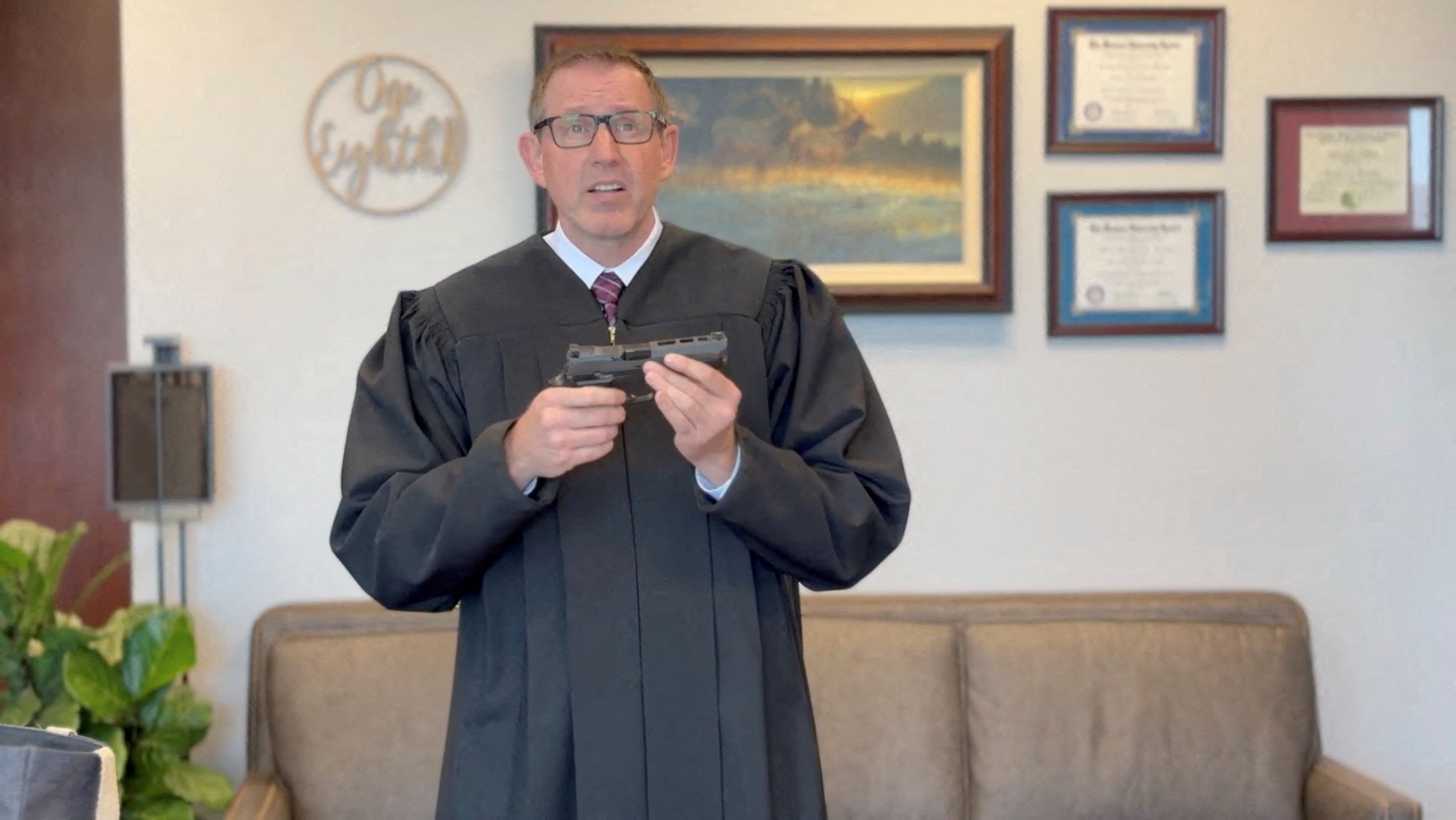 US Circuit Judge Lawrence VanDyke appears in a video released in March 2025 to show his dissent from a ruling upholding California’s ban on magazines that hold more than 10 rounds of ammunition, in California. Photo: 9th U.S. Circuit Court of Appeals/Handout/Reuters