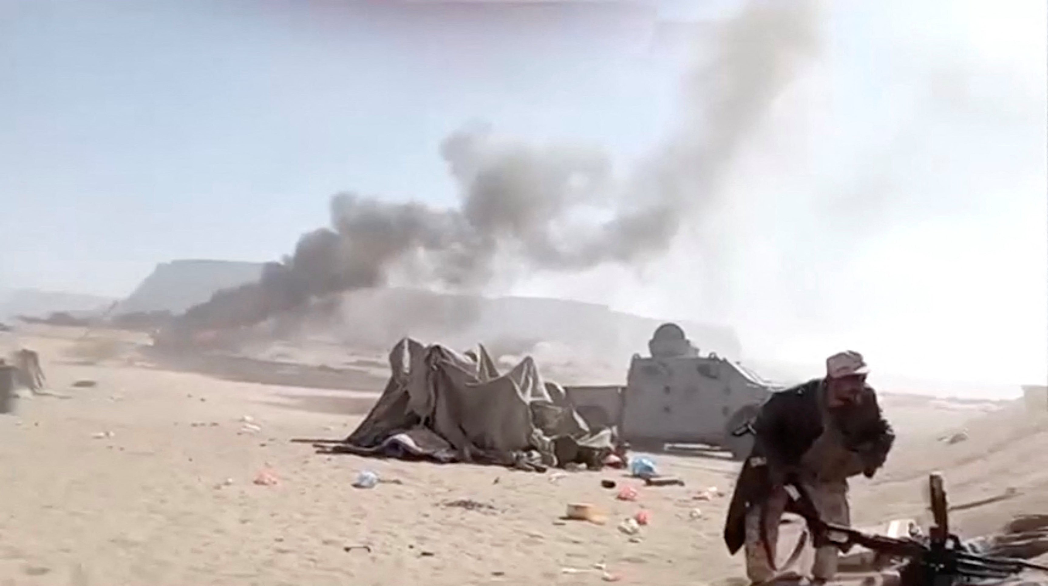 A video claiming to show Saudi airstrikes targeting Southern Transitional Council positions in Sayoun, Yemen. Photo: UGC/Reuters