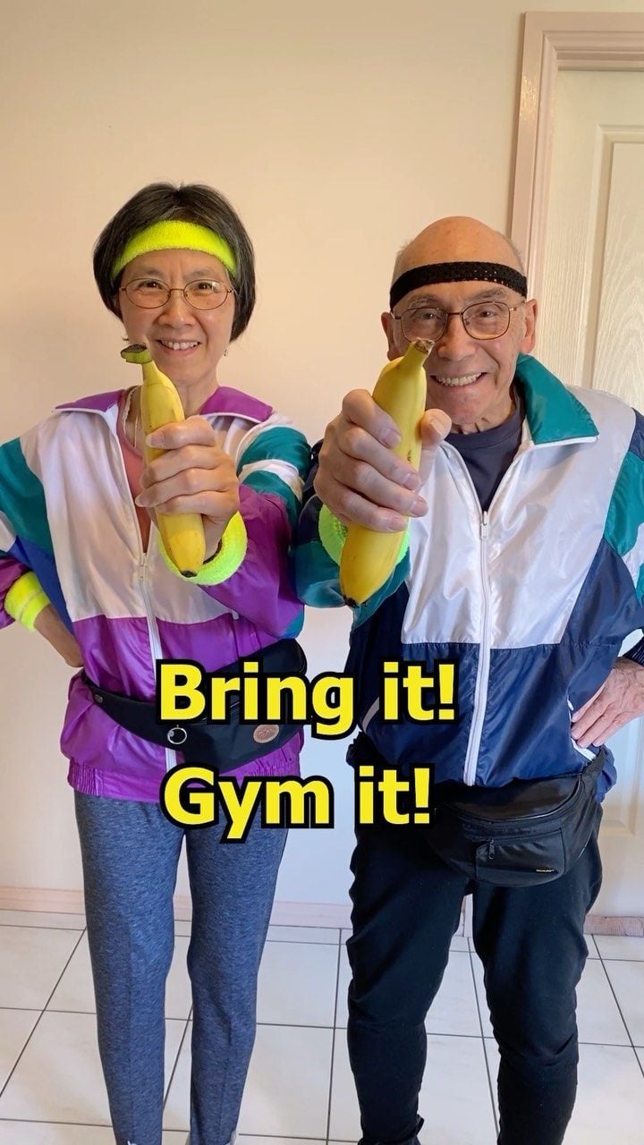 Silver social media stars May and Robert Leong help promote Australian bananas on National Banana Day in October, when bringing a banana to participating gyms gave you a free gym pass for the day. The married couple often share their quirky humour with their many followers on Instagram and TikTok. Photo: Instagram/robandmay