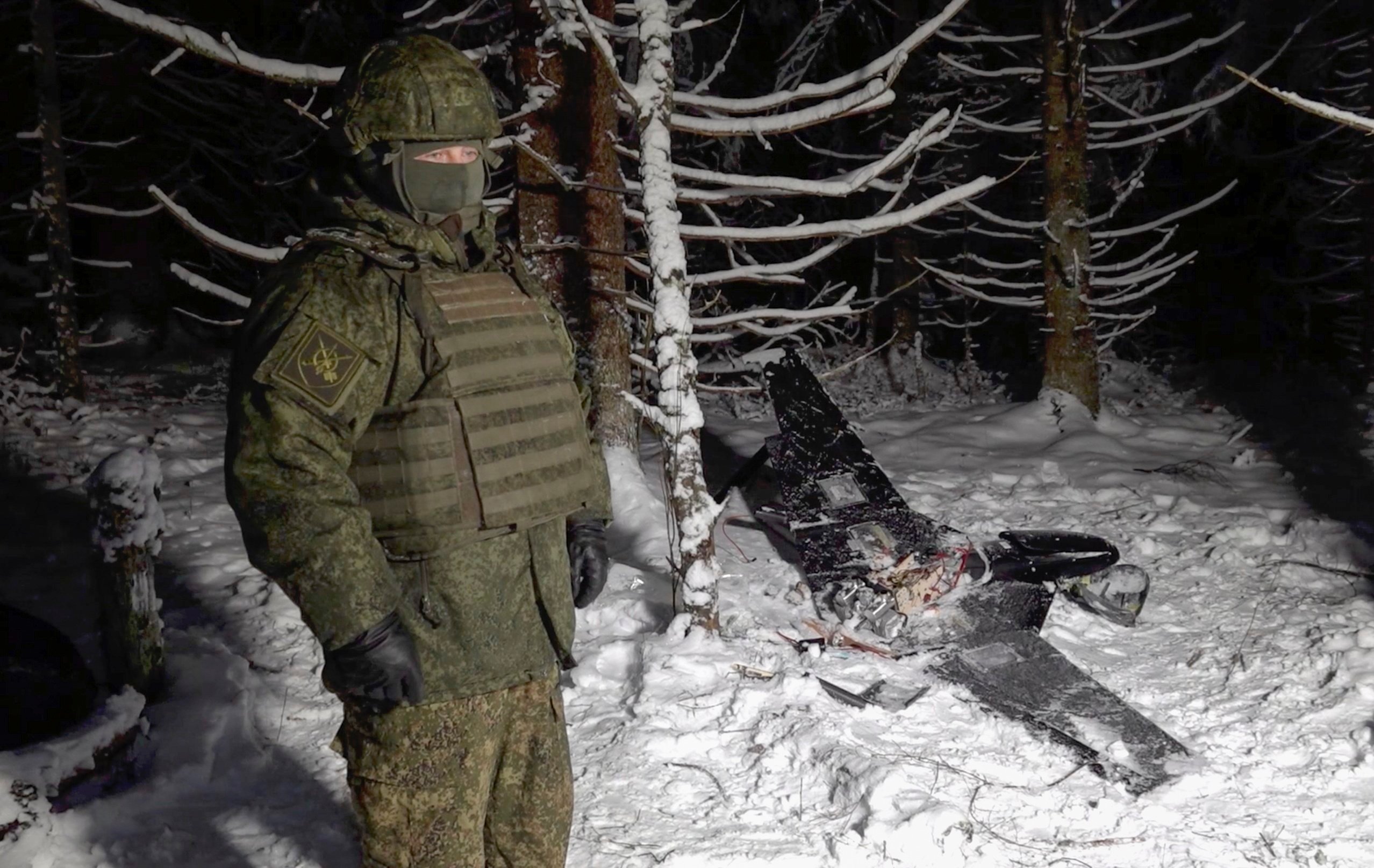 Wreckage of a drone that was shot down allegedly during an attempted strike on Russian President Vladimir Putin’s official residence in the northwestern Novgorod region. Russian Defence Ministry via EPA