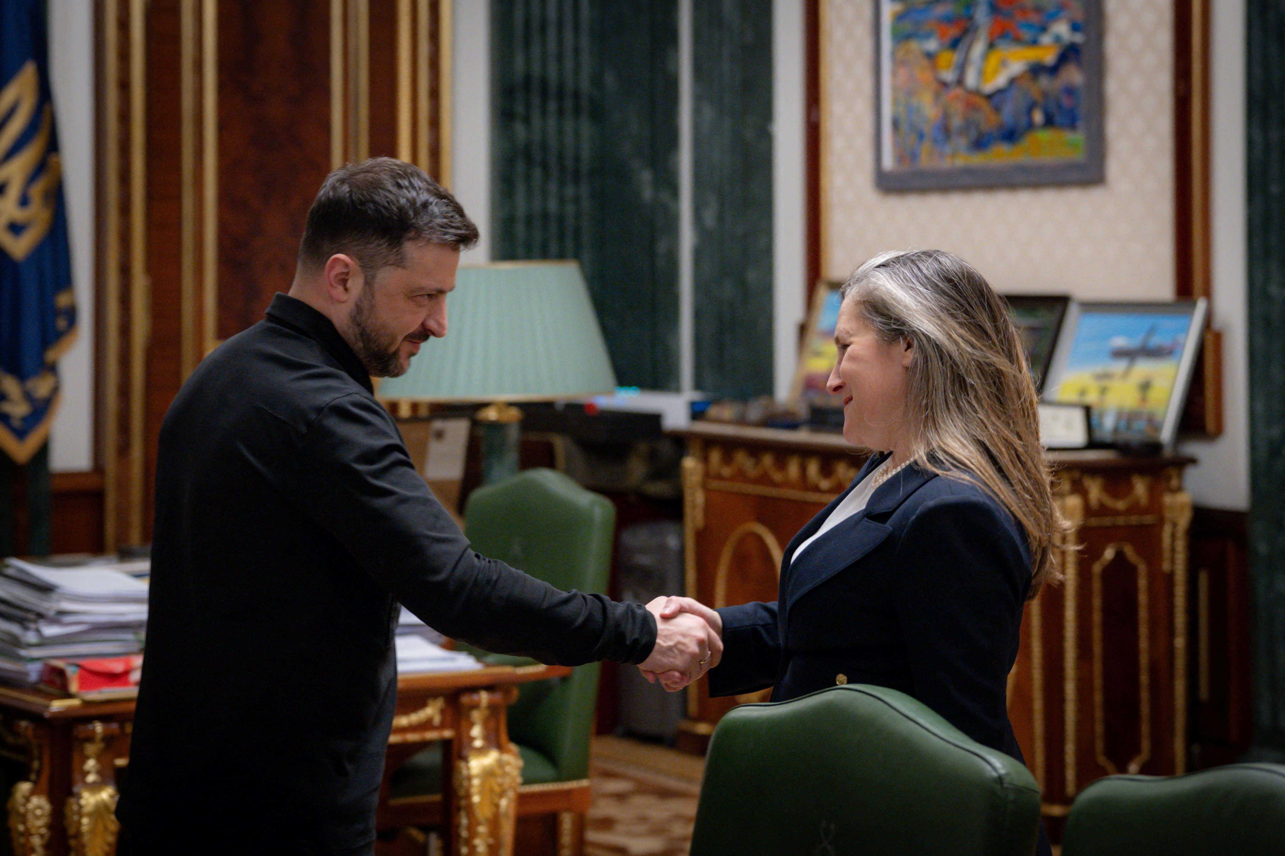 Ukraine’s President Volodymyr Zelensky and Chrystia Freeland. Photo: Ukrainian Presidential Press Service via Reuters