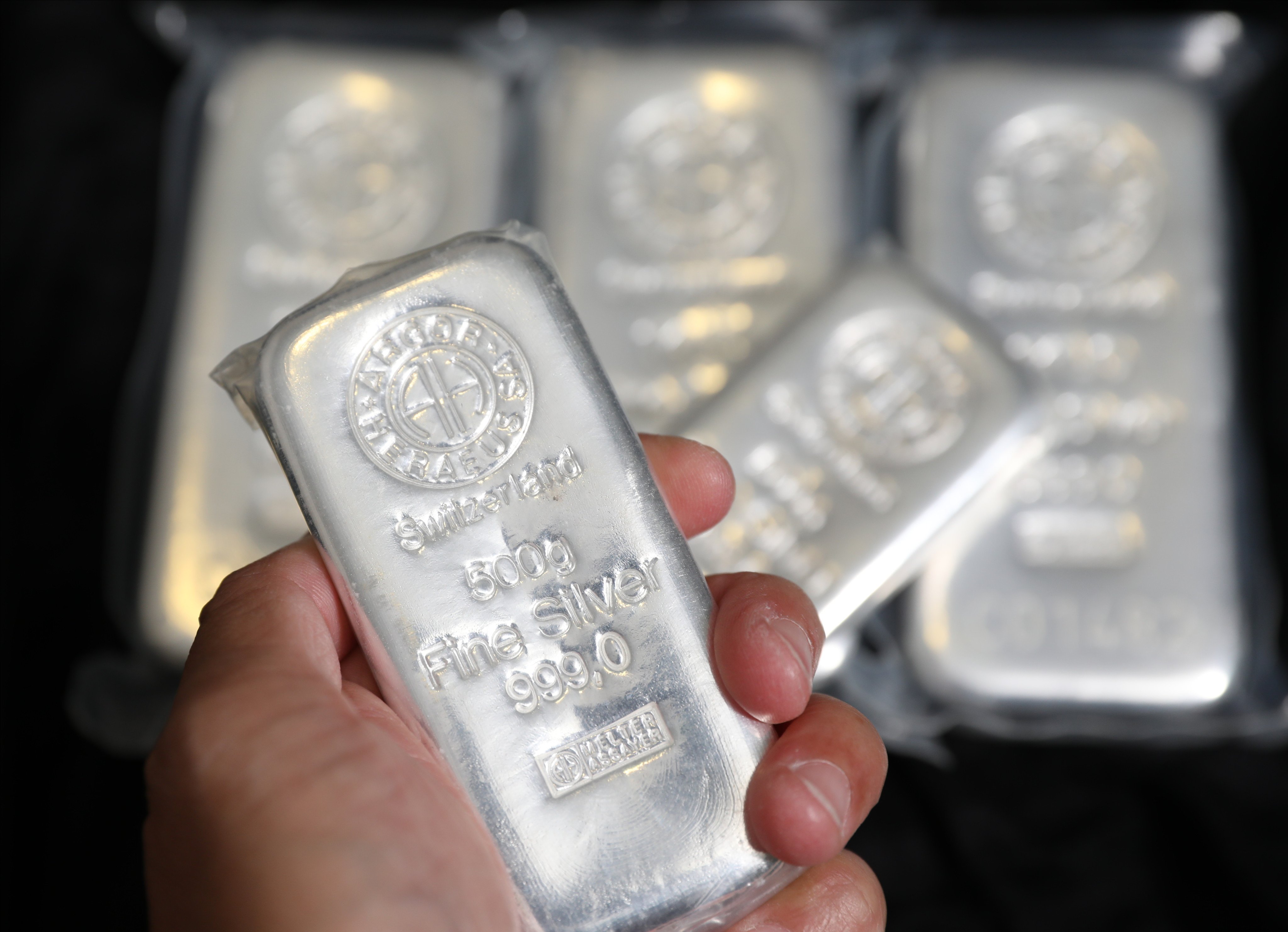 Silver bars are displayed at an office in Hong Kong, on August 20, 2020. Photo: May Tse