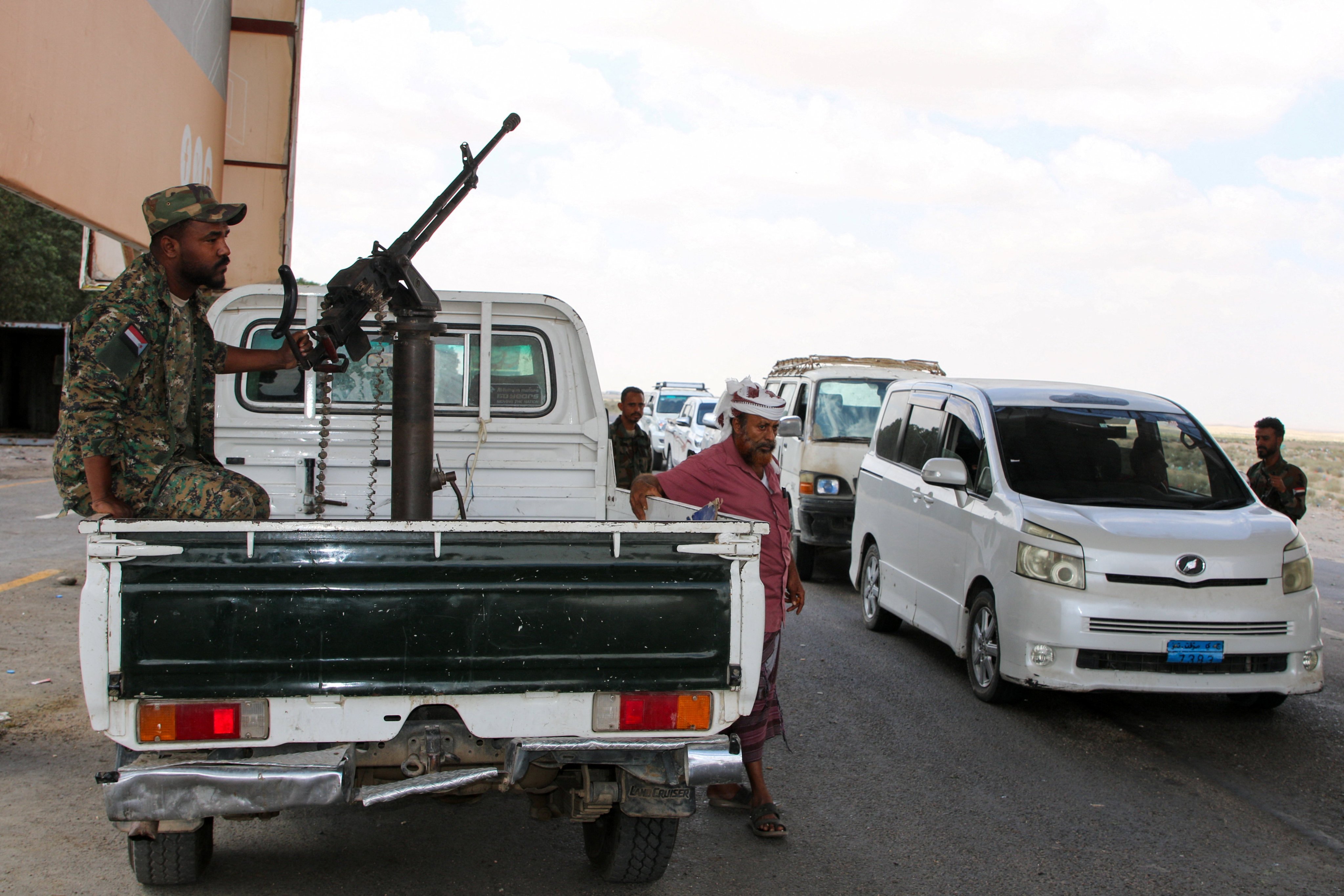Southern Transitional Council  security personnel guard a checkpoint in Aden, Yemen, on Monday. Photo: Reuters