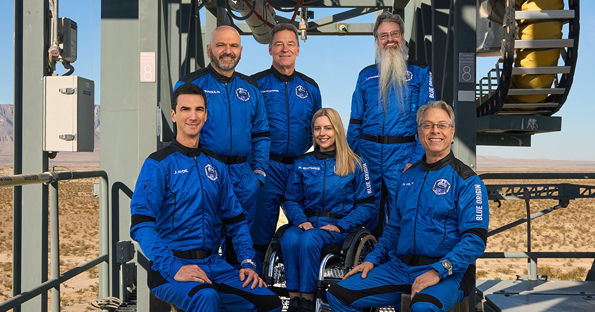 Michaela Benthaus (third from right) and the NS-37 crew. Photo: Blue Origin/TNS