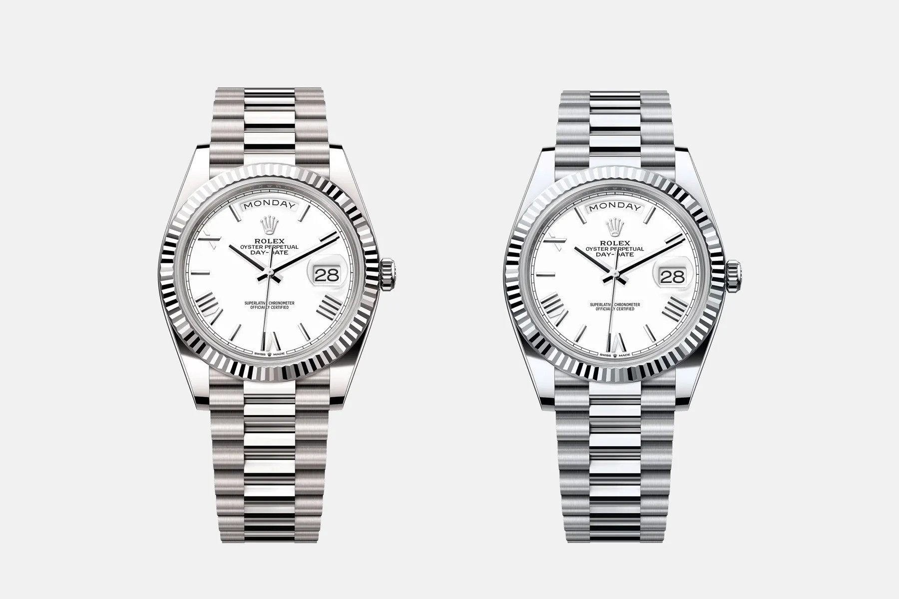 The 40mm Rolex Day-Date in white gold and platinum are mechanically identical – but the different metals result in a US$17,000 price difference. Photo: Handout