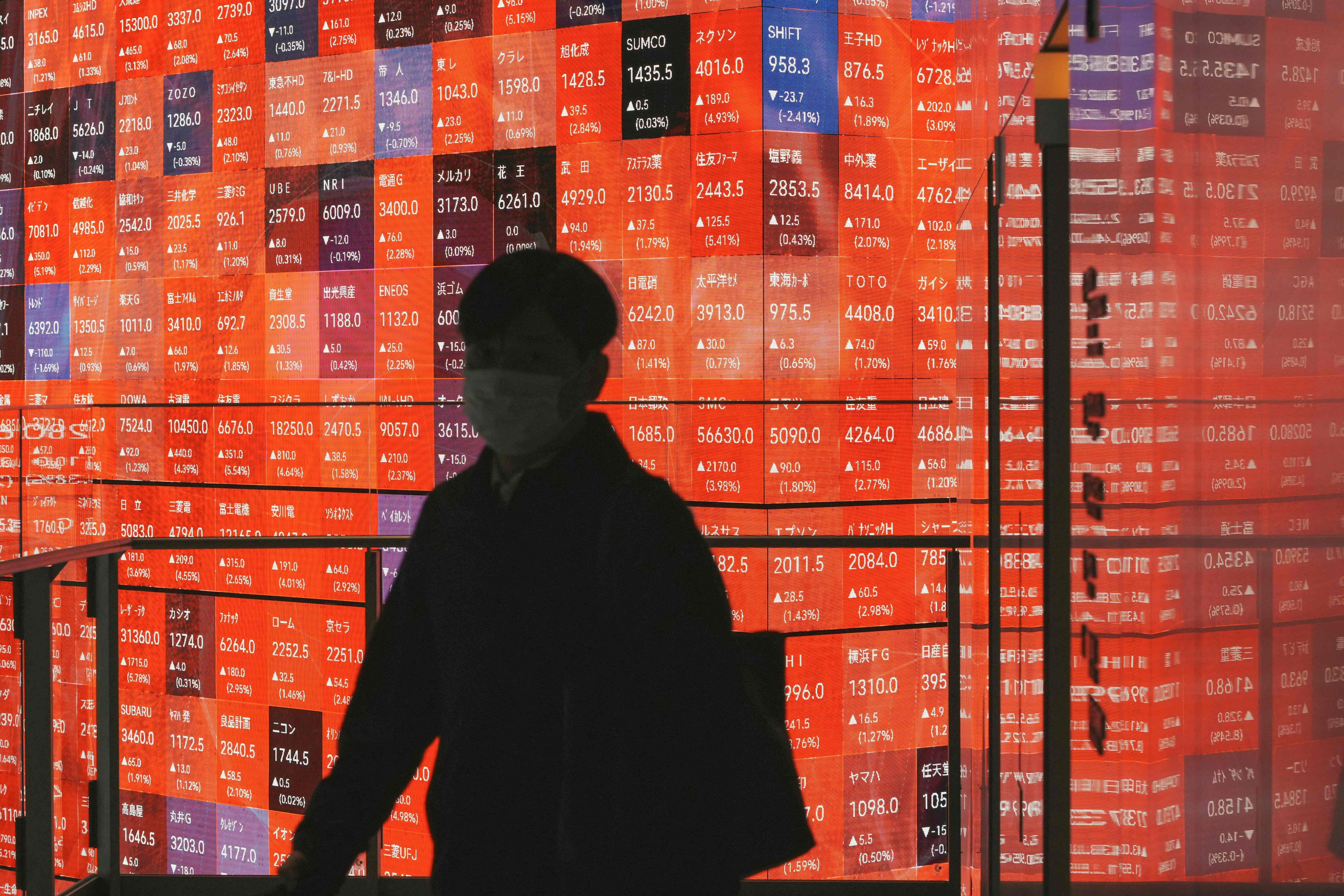 A man walks past an electronic board displaying the Nikkei 225 stock prices on the Tokyo Stock Exchange in Tokyo on January 5. Photo: AFP