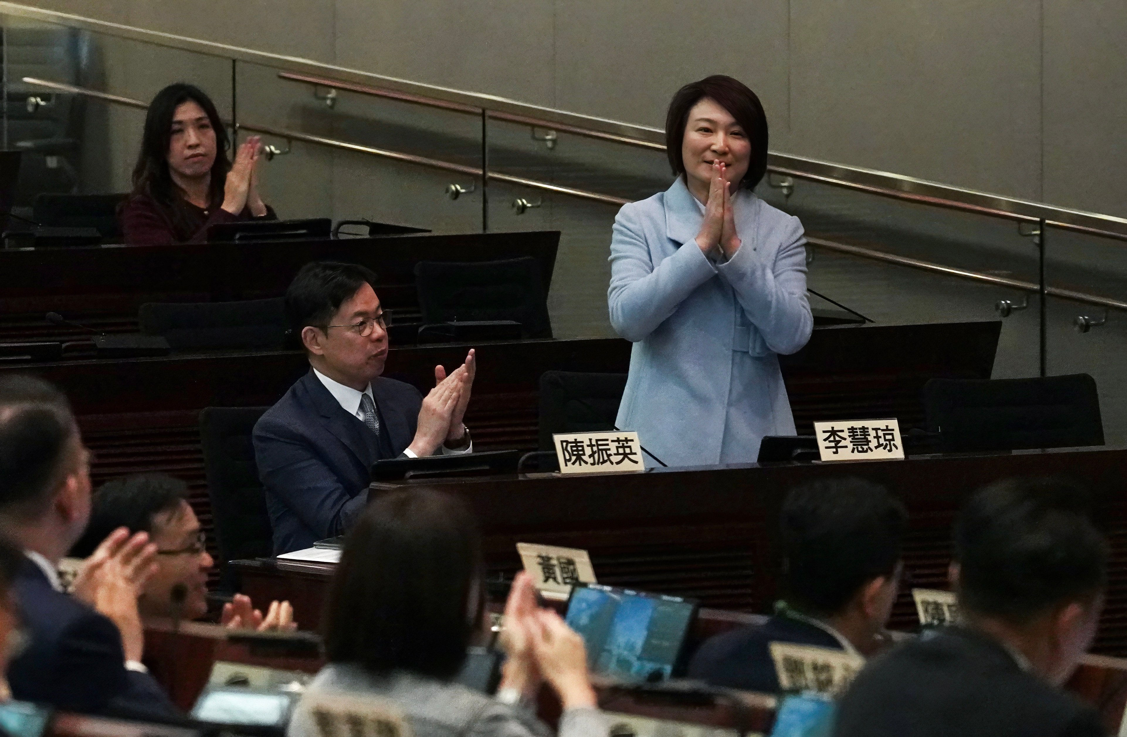 Starry Lee (right) receives applause at a special forum at the Legislative Council complex on January 8 ahead of the election of the president of the council. Photo: Karma Lo