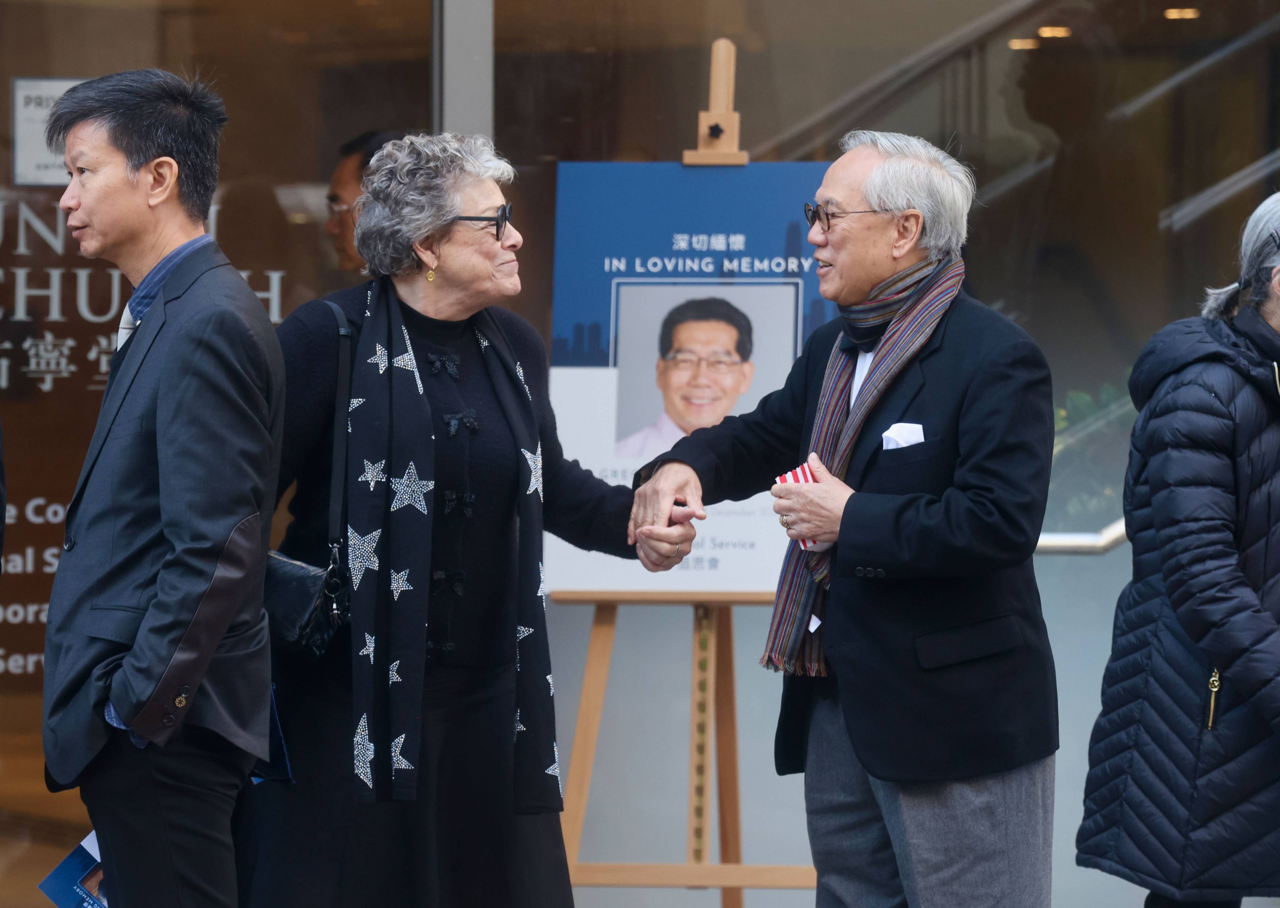 Ex-city leader Donald Tsang (right) at the  memorial service for Gregory So. Photo: Jonathan Wong