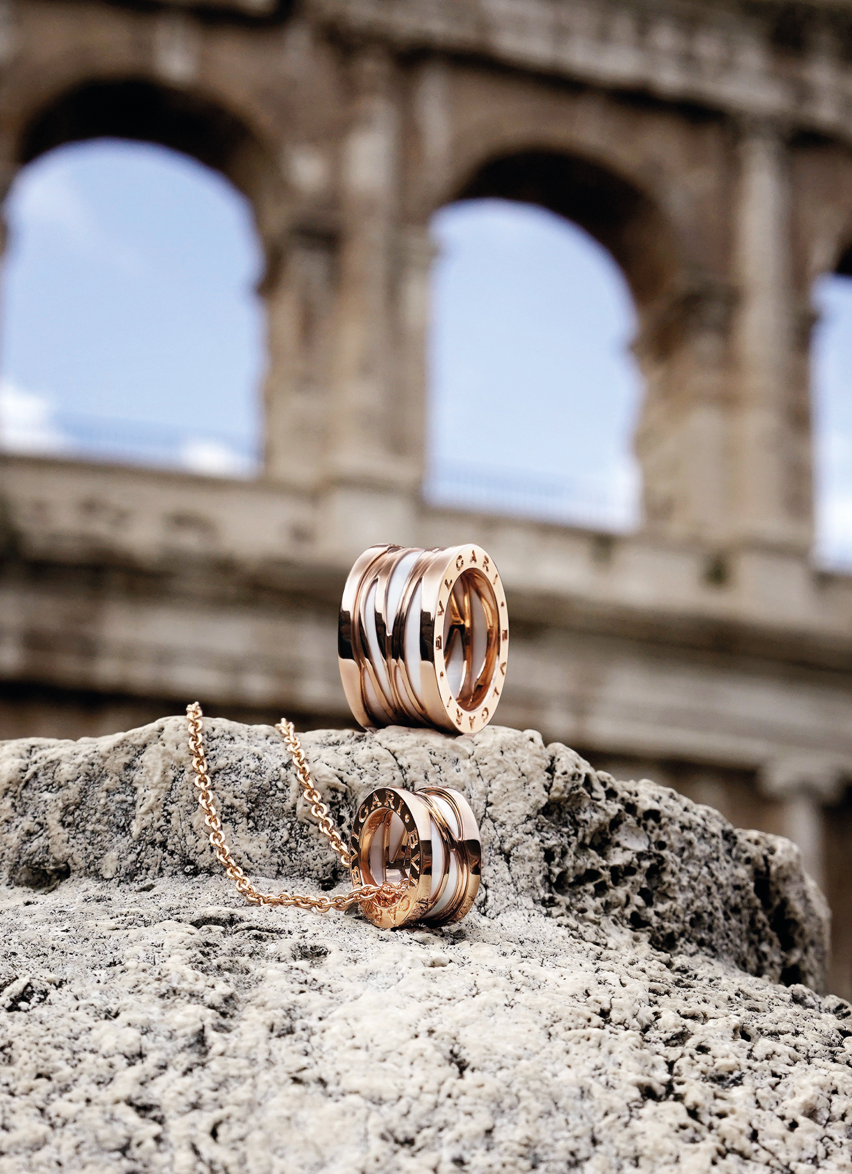 A Bulgari B.zero1 ring and pendant, photographed in front of the Colosseum in Rome that first inspired the collection. Photo: Handout