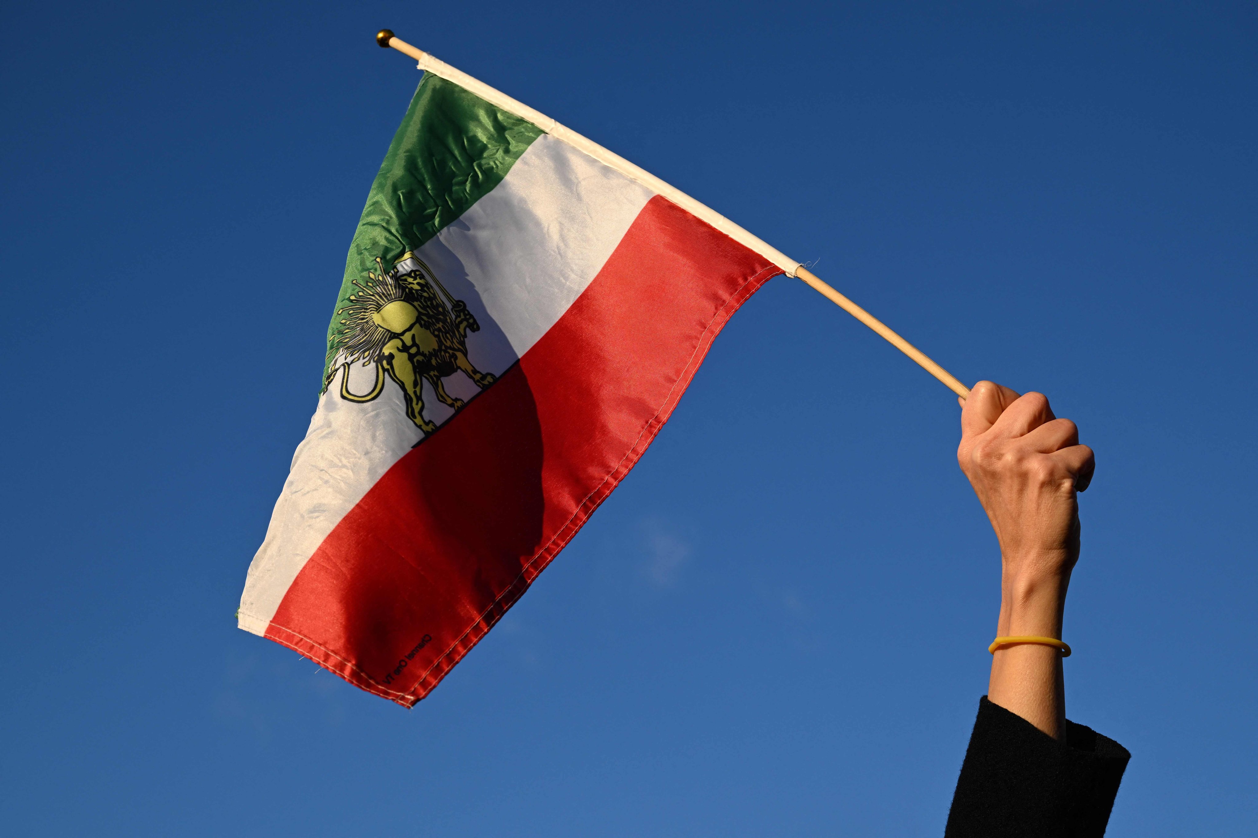 A protester in Paris waves a pre-1979 Islamic Revolution Iranian flag during a demonstration on January 4. Photo: AFP