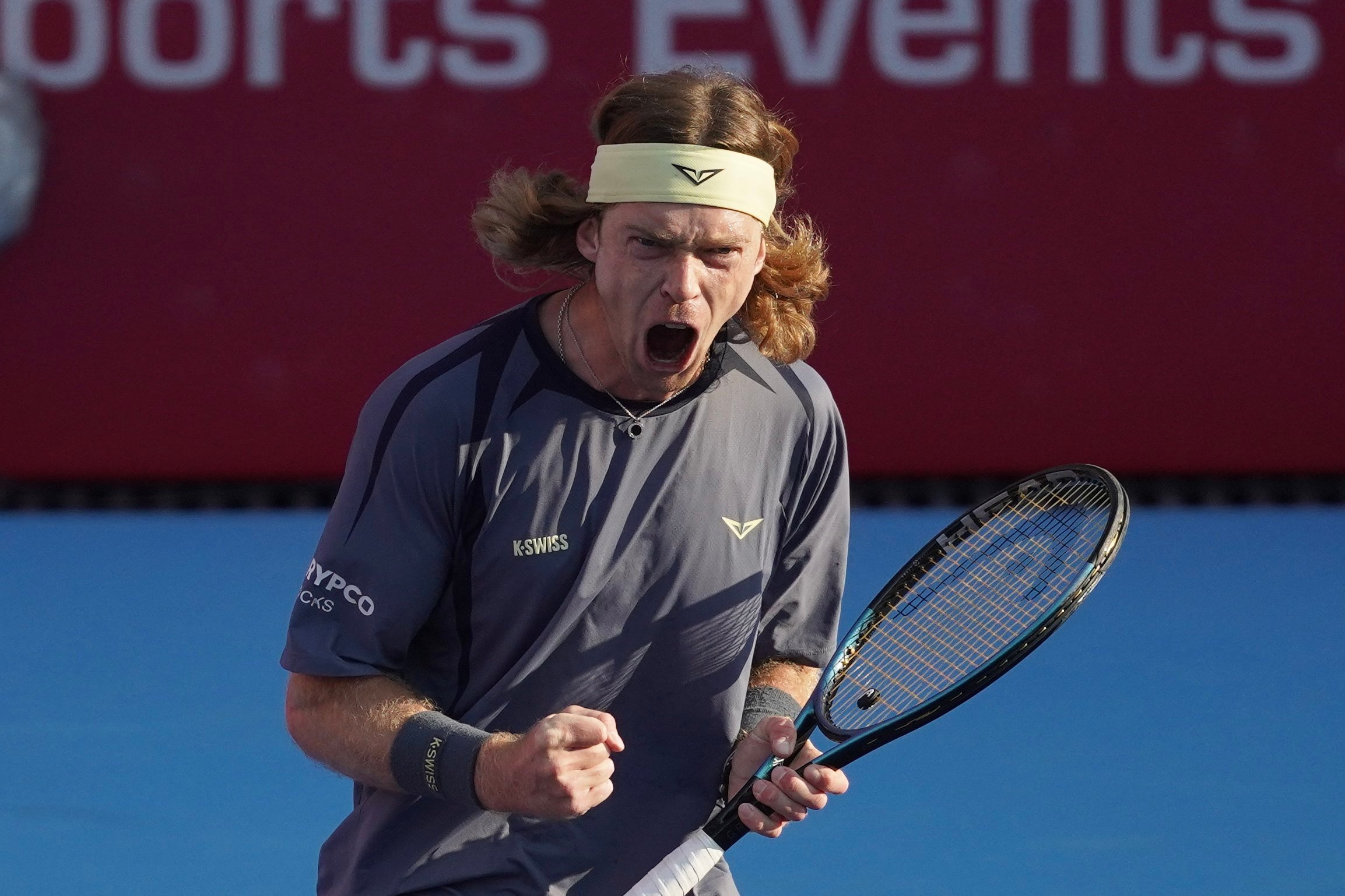 A fired-up Andrey Rublev during his semi-final defeat by Lorenzo Musetti. Photo: Karma Lo