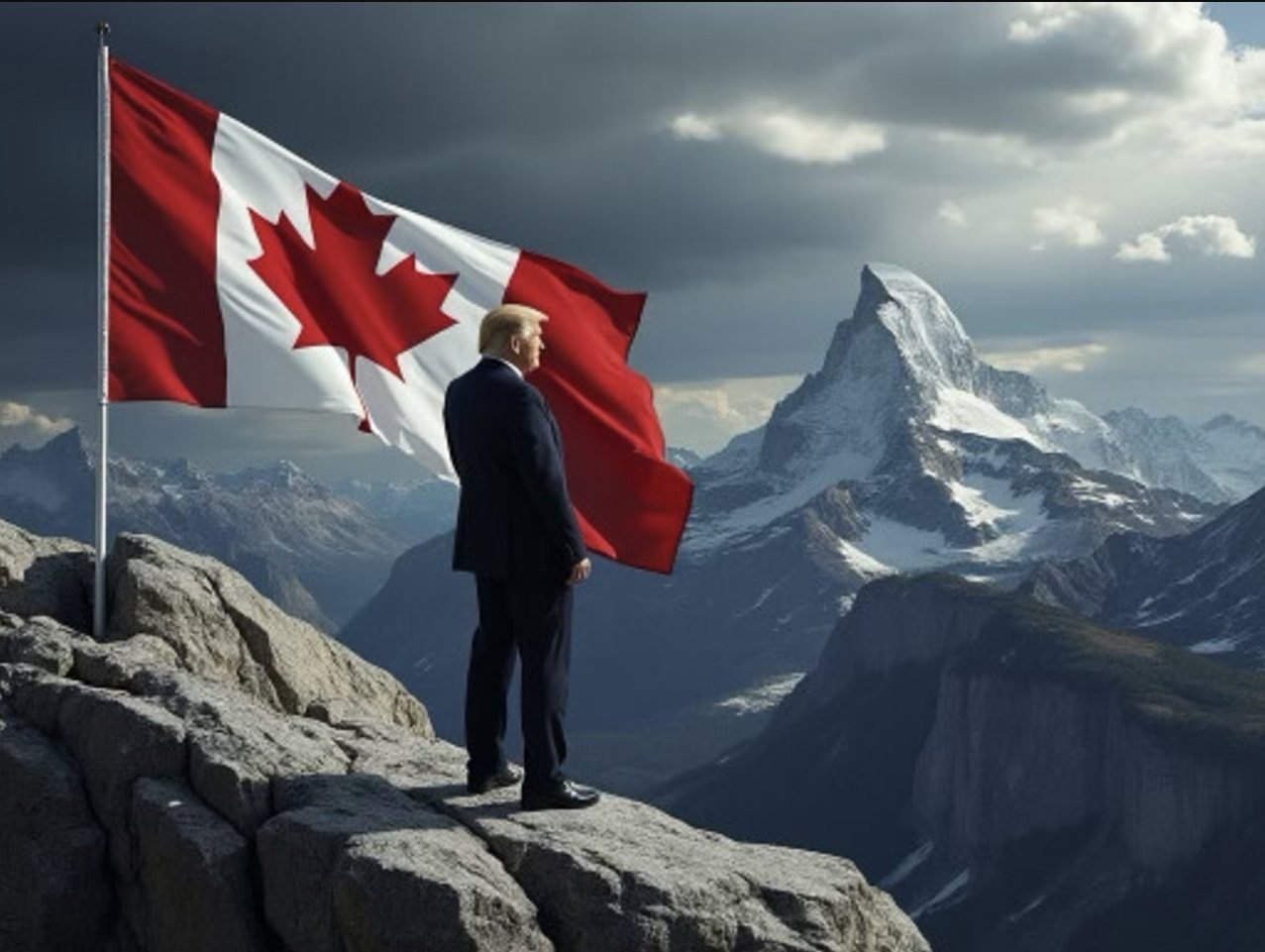 In December 2024, US President Donald Trump posted an AI-generated image of himself standing on mountain with a Canadian flag next to him and the caption “Oh Canada!”. Image: Truth Social/realDonaldTrump