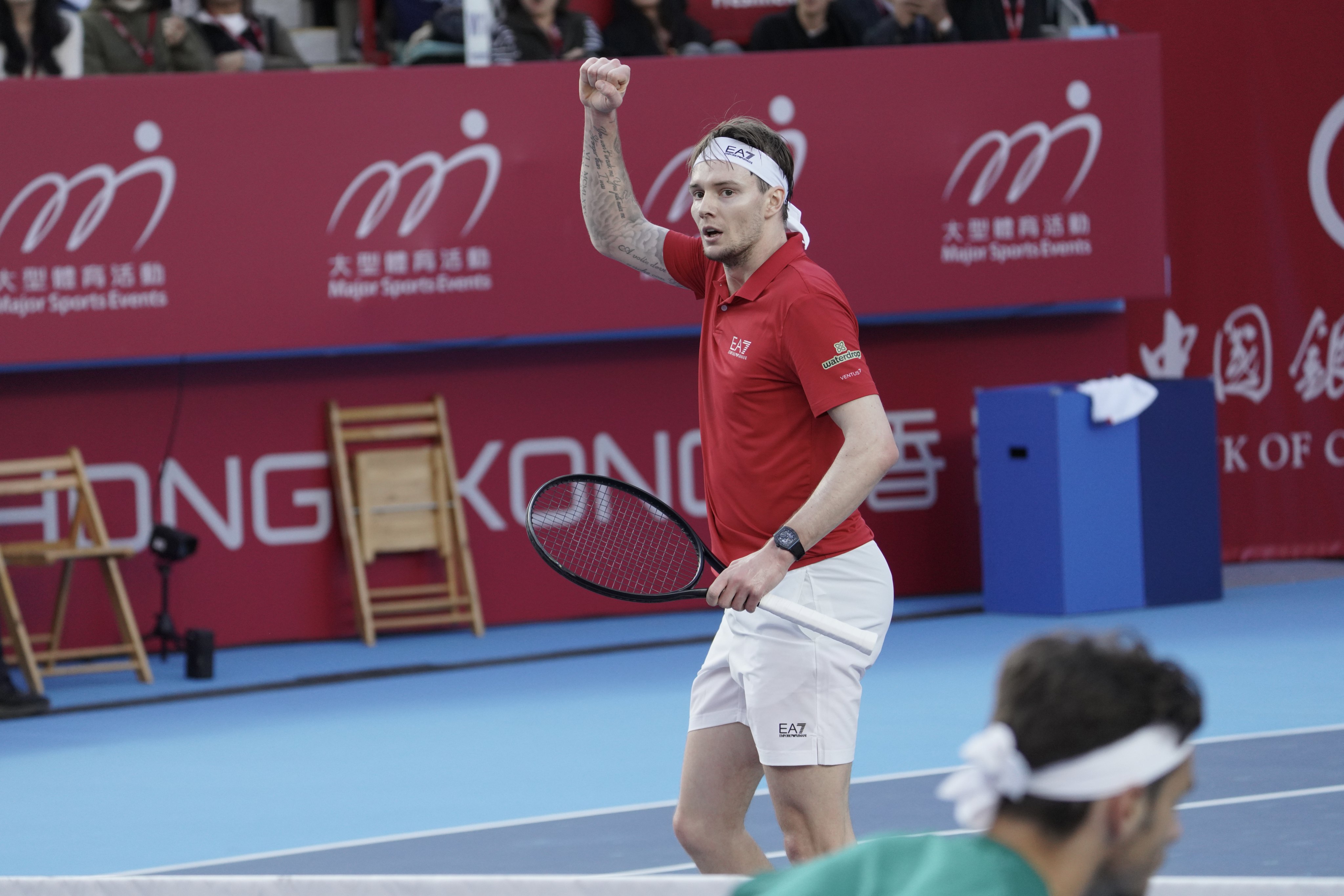 Alexander Bublik celebrates winning a point against Lorenzo Musetti in the Hong Kong Open final. Photo: Karma Lo