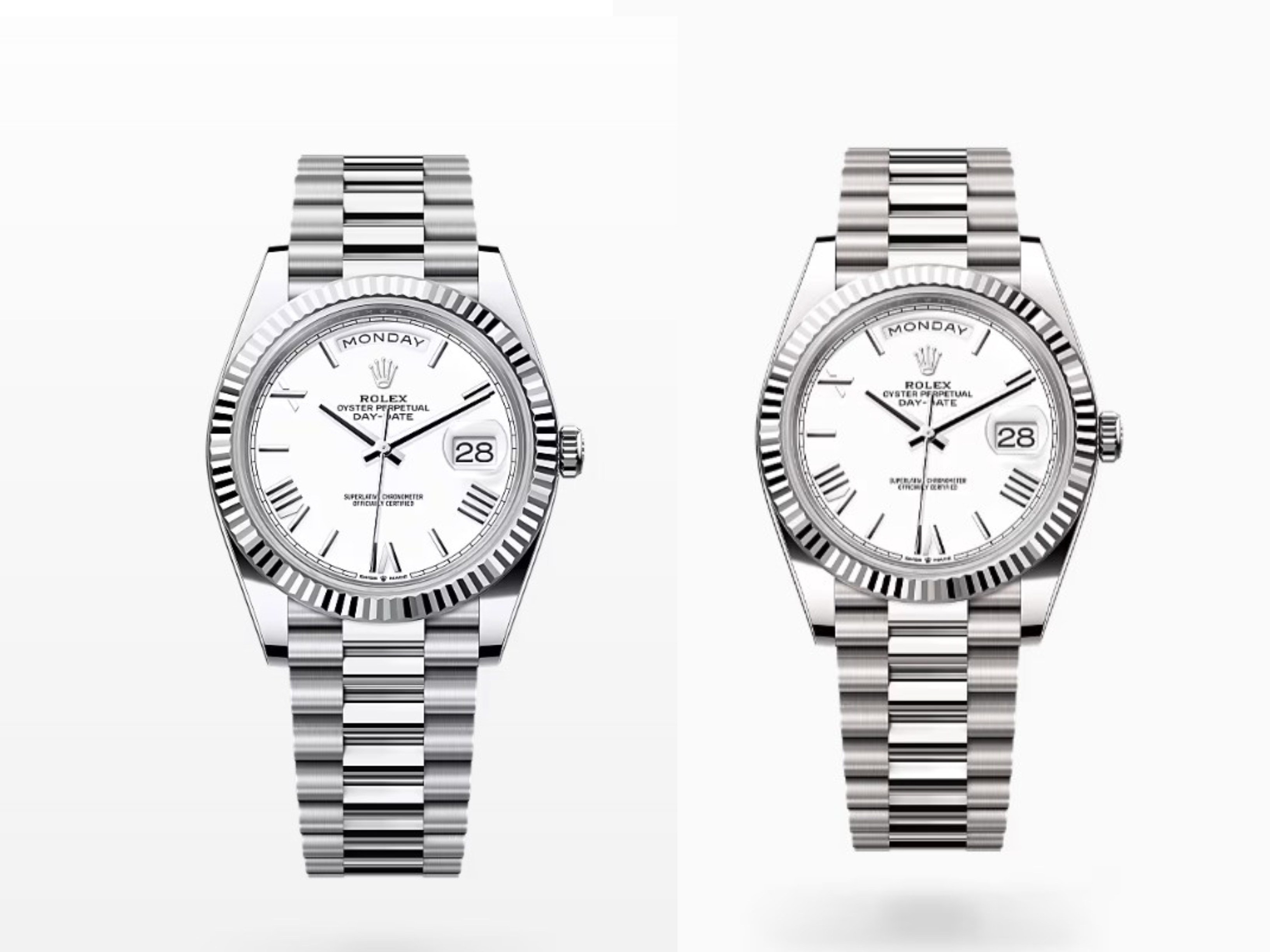 The 40mm Rolex Day-Date in white gold and platinum are mechanically identical – but the different metals result in a US$17,000 price difference. Photo: Handout