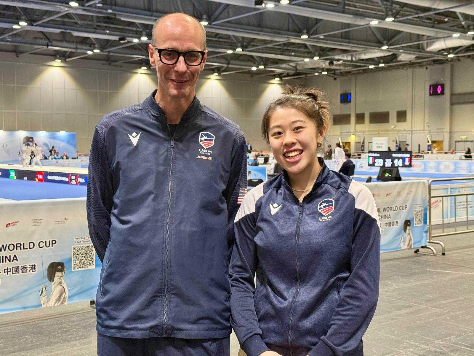 US women’s foil coach Ralf Bissdorf (left) and Jaelyn Liu at the Foil World Cup event at the AsiaWorld-Expo in Hong Kong. Photo: Mike Chan