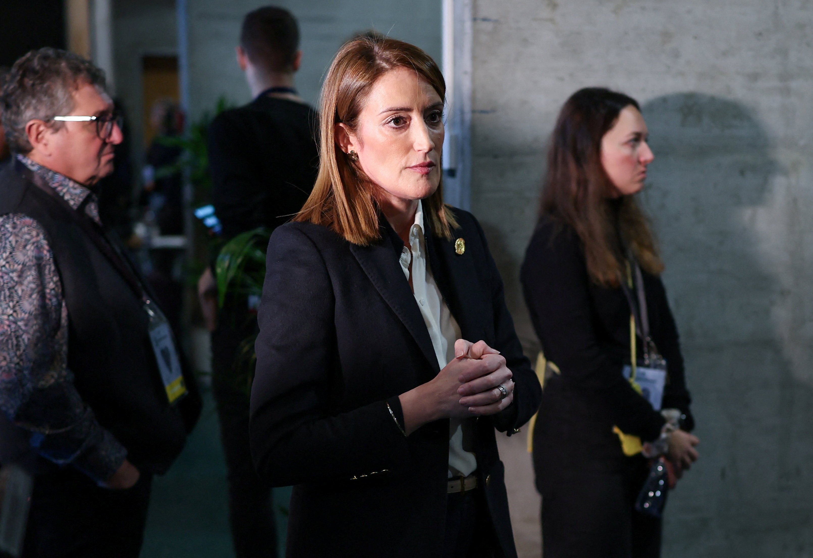 European Parliament President Roberta Metsola, centre, on Sunday encouraged protesters in Iran to continue demonstrating. Photo: Reuters