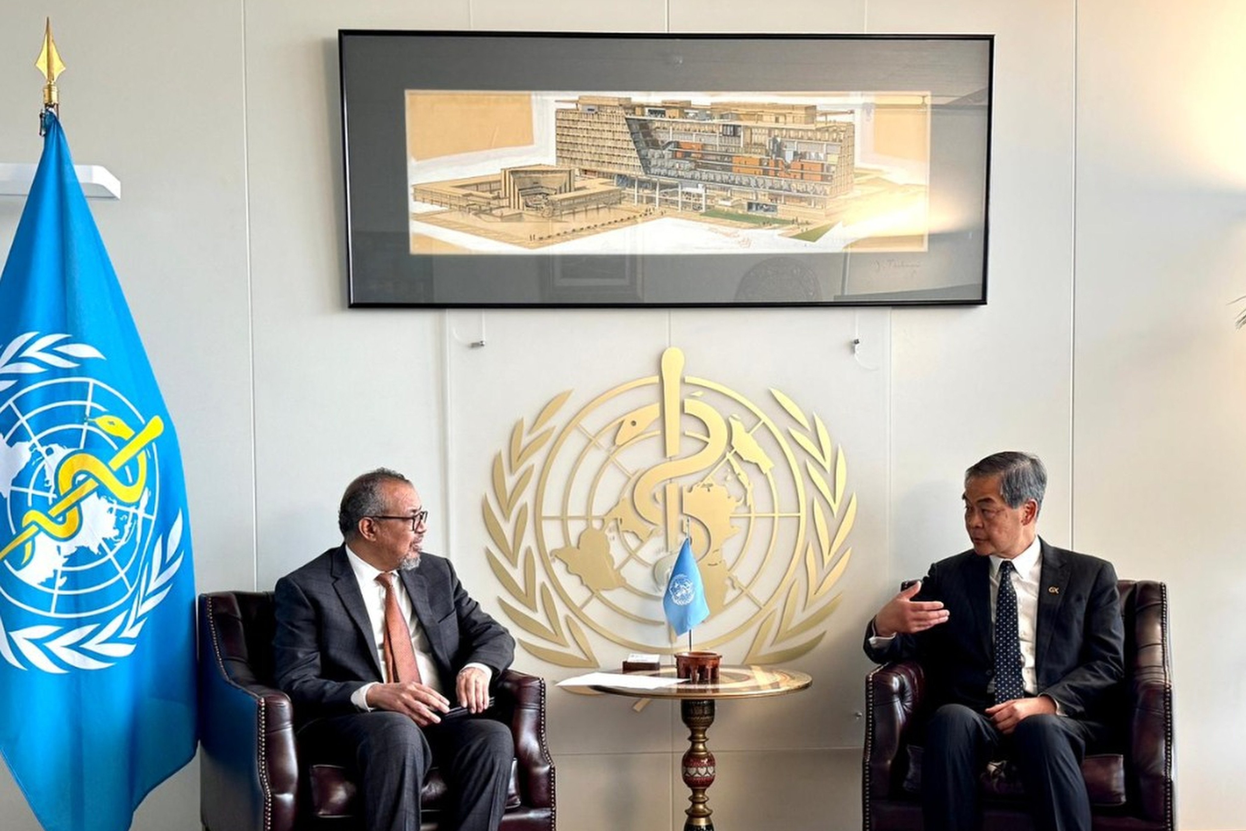 Tedros Adhanom Ghebreyesus (left) meets with CY Leung in Geneva. Photo: GX Foundation