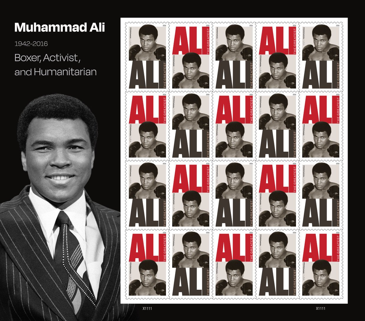 A commemorative Muhammad Ali stamp featuring a 1974 photo of the boxing great. Photo: United States Postal Service/AP
