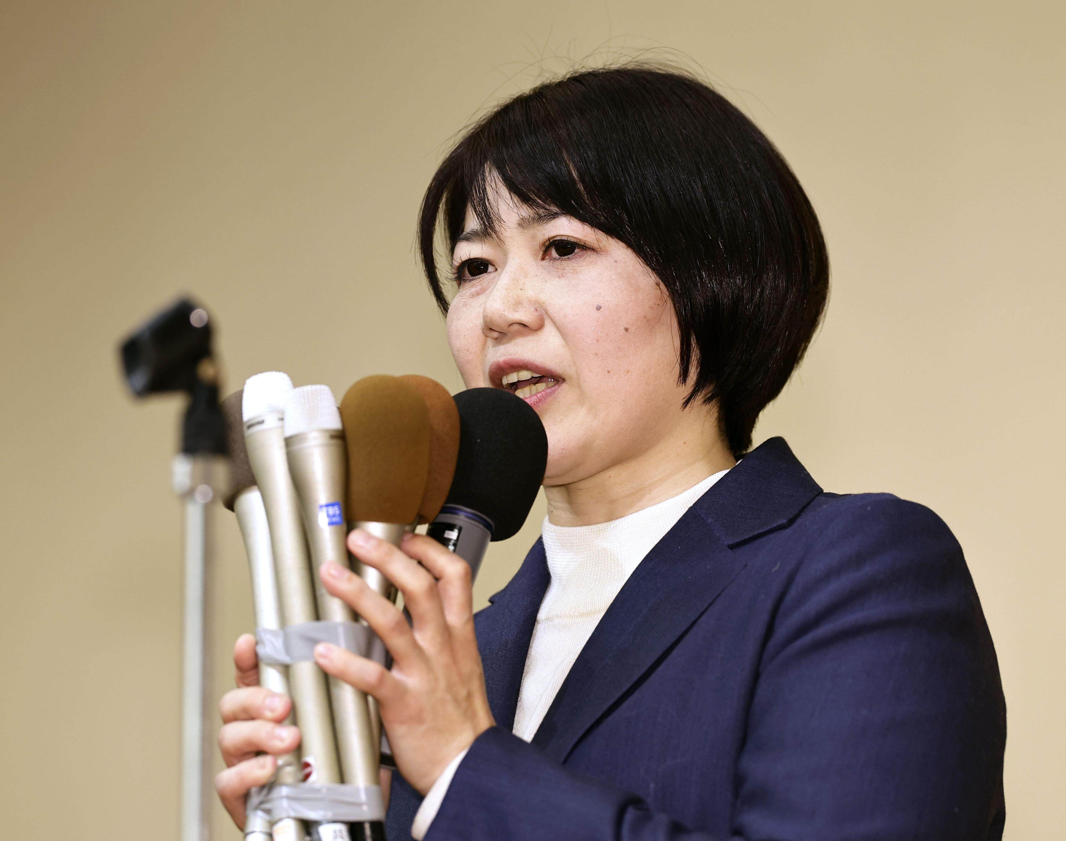 Akira Ogawa speaks to her supporters in Maebashi, Japan’s Gunma prefecture, on Monday after her re-election as mayor. Photo: Kyodo