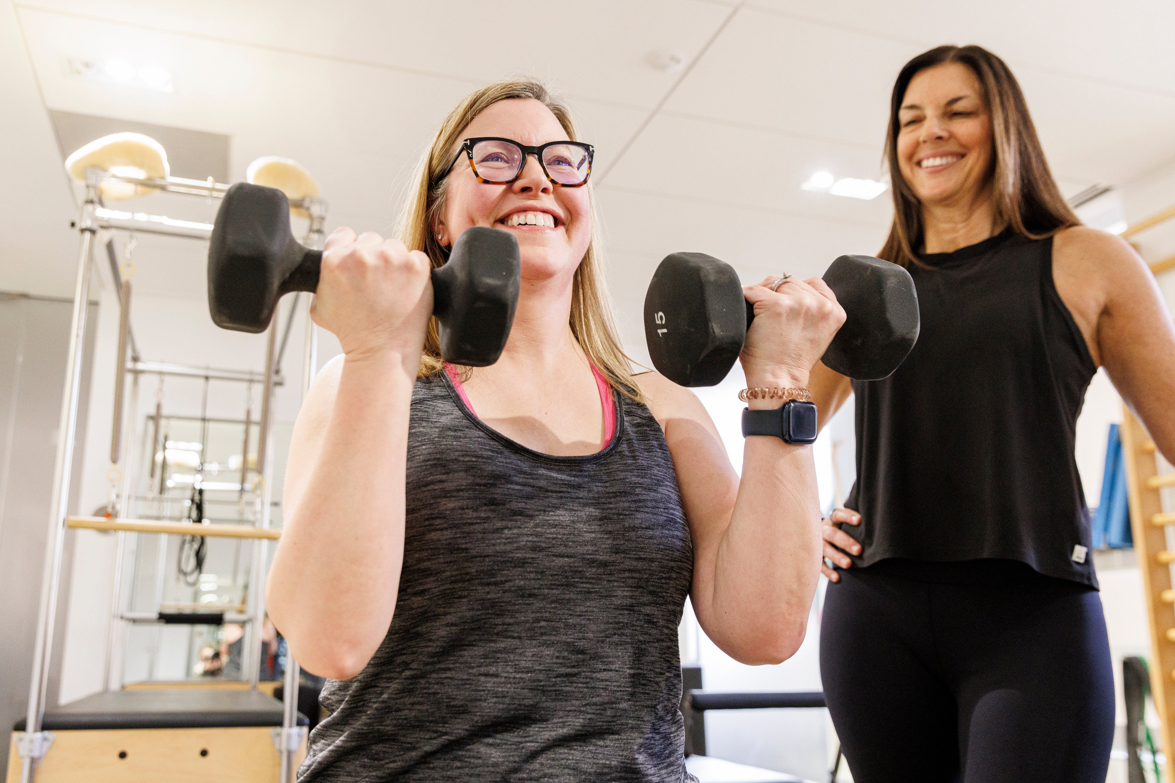 Sarah Baldassaro (left) demonstrates a strength-training regimen with her trainer, Hilary Granat, in Washington. Medical experts say strength training keeps bones and muscles healthy after menopause, when oestrogen loss speeds up a reduction in bone density and contributes to the gradual loss of muscle mass. Photo: AP