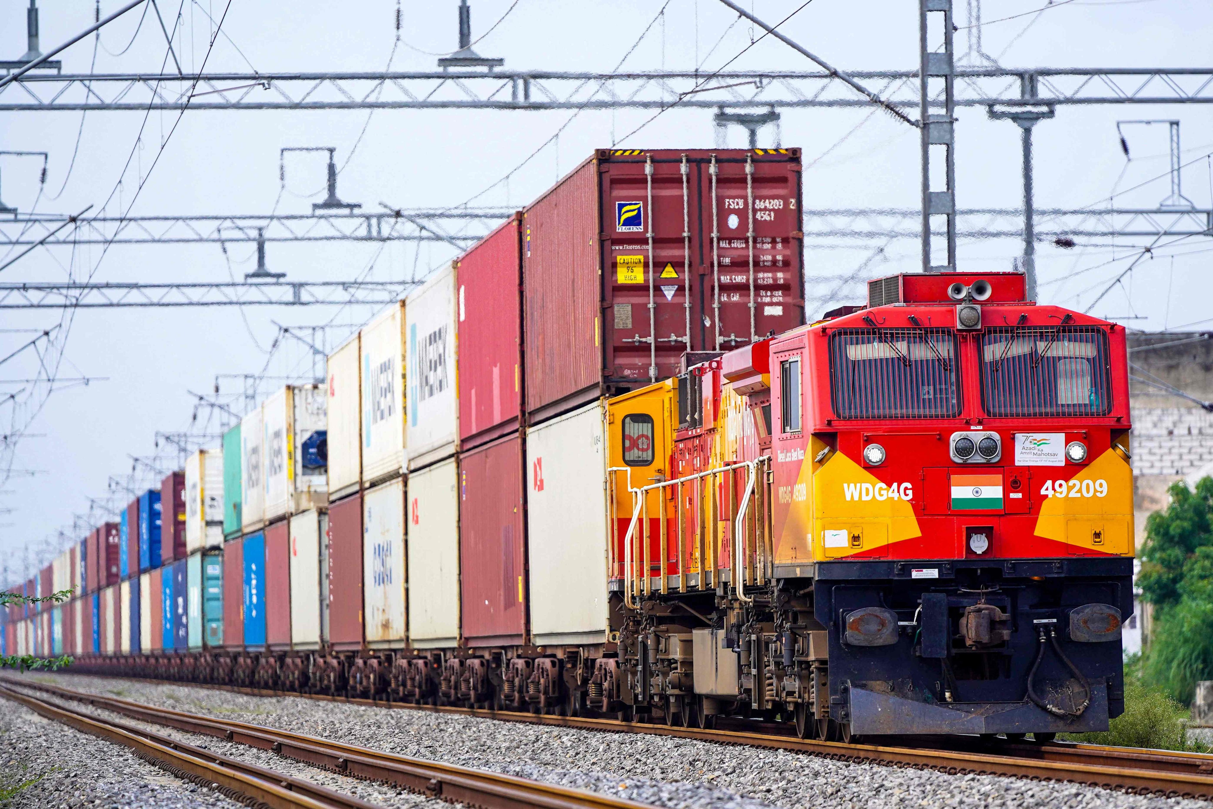 A train carrying cargo containers rides along a railway track in Ajmer, India, in August 2025. The US is India’s largest export market, receiving about 18 per cent of its total goods exports. Photo: AFP