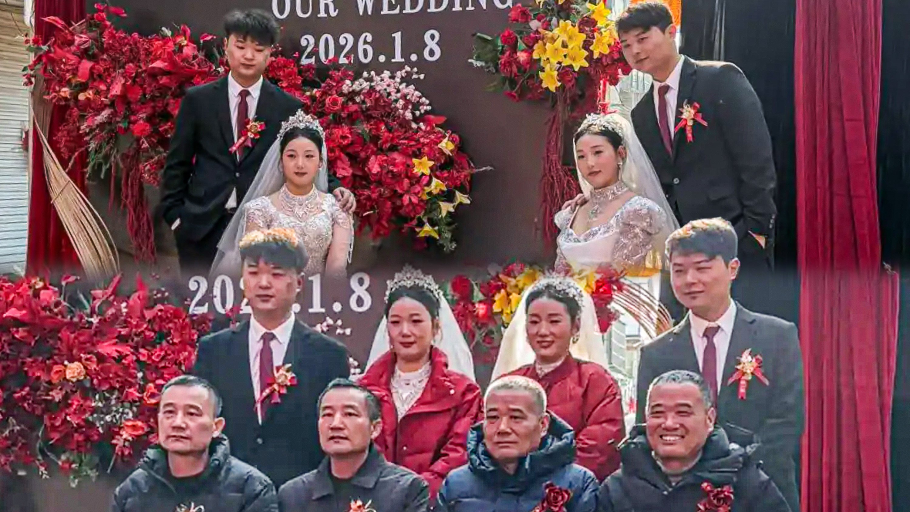 In an unusual wedding, twin sisters in China married twin brothers, with both sides having twin uncles.  Photo: SCMP composite/QQ.com