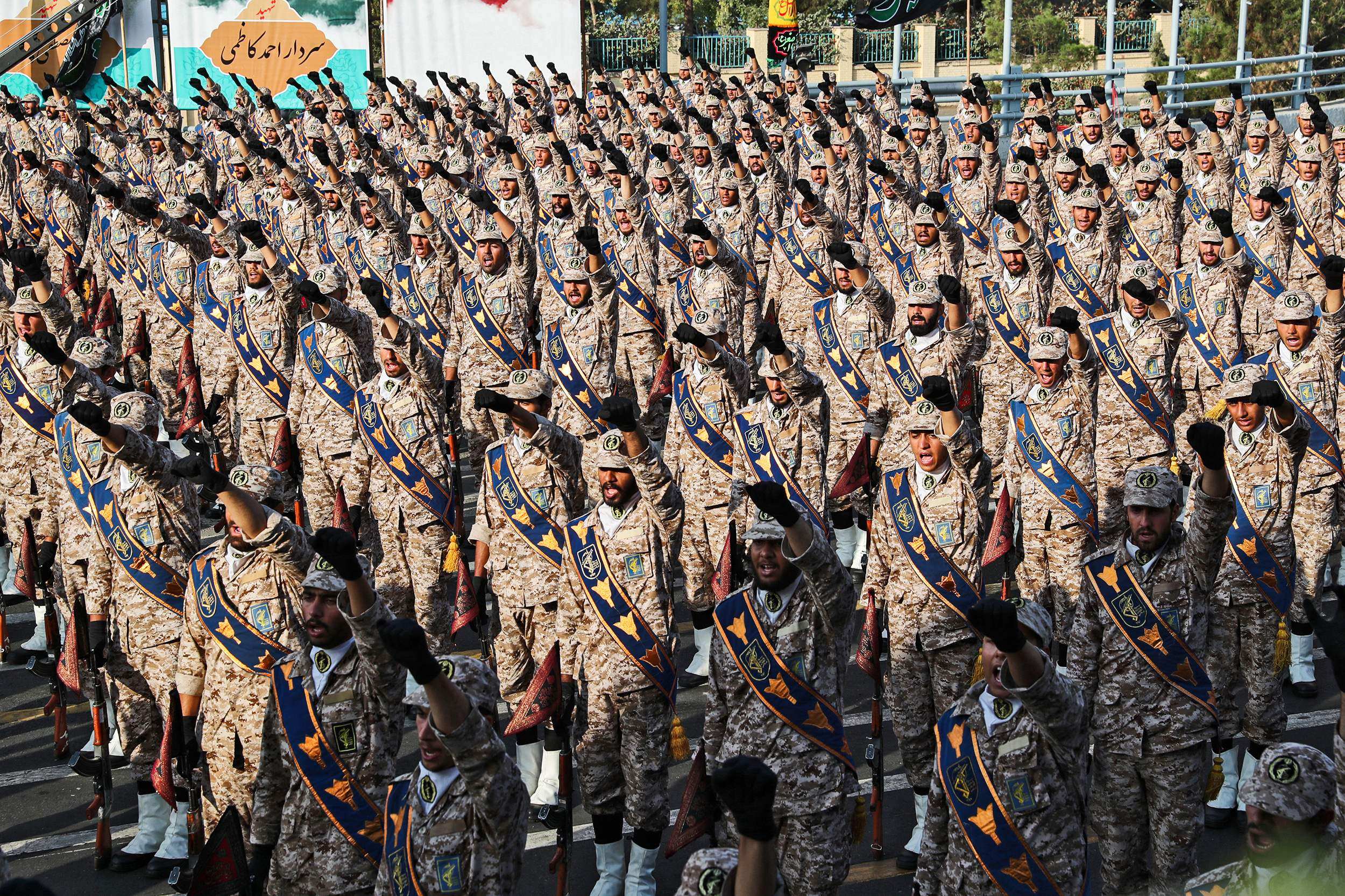 Members of Iran’s Islamic Revolutionary Guard Corps give a military salute during a military parade in the capital Tehran in 2019. Photo: Iranian Presidency/AFP