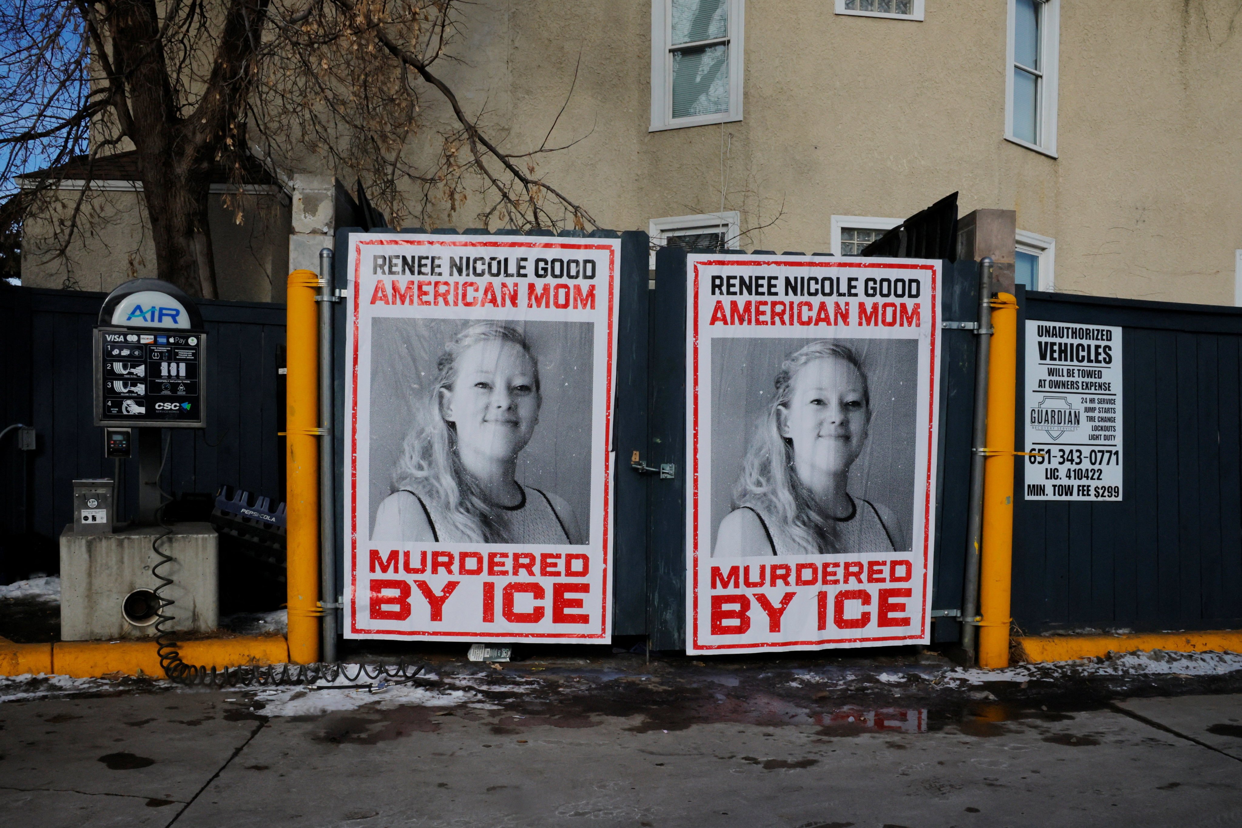 Signs hanging at a petrol station in Minneapolis for Renee Nicole Good, who was fatally shot by a US Immigration and Customs Enforcement agent. Photo: Reuters
