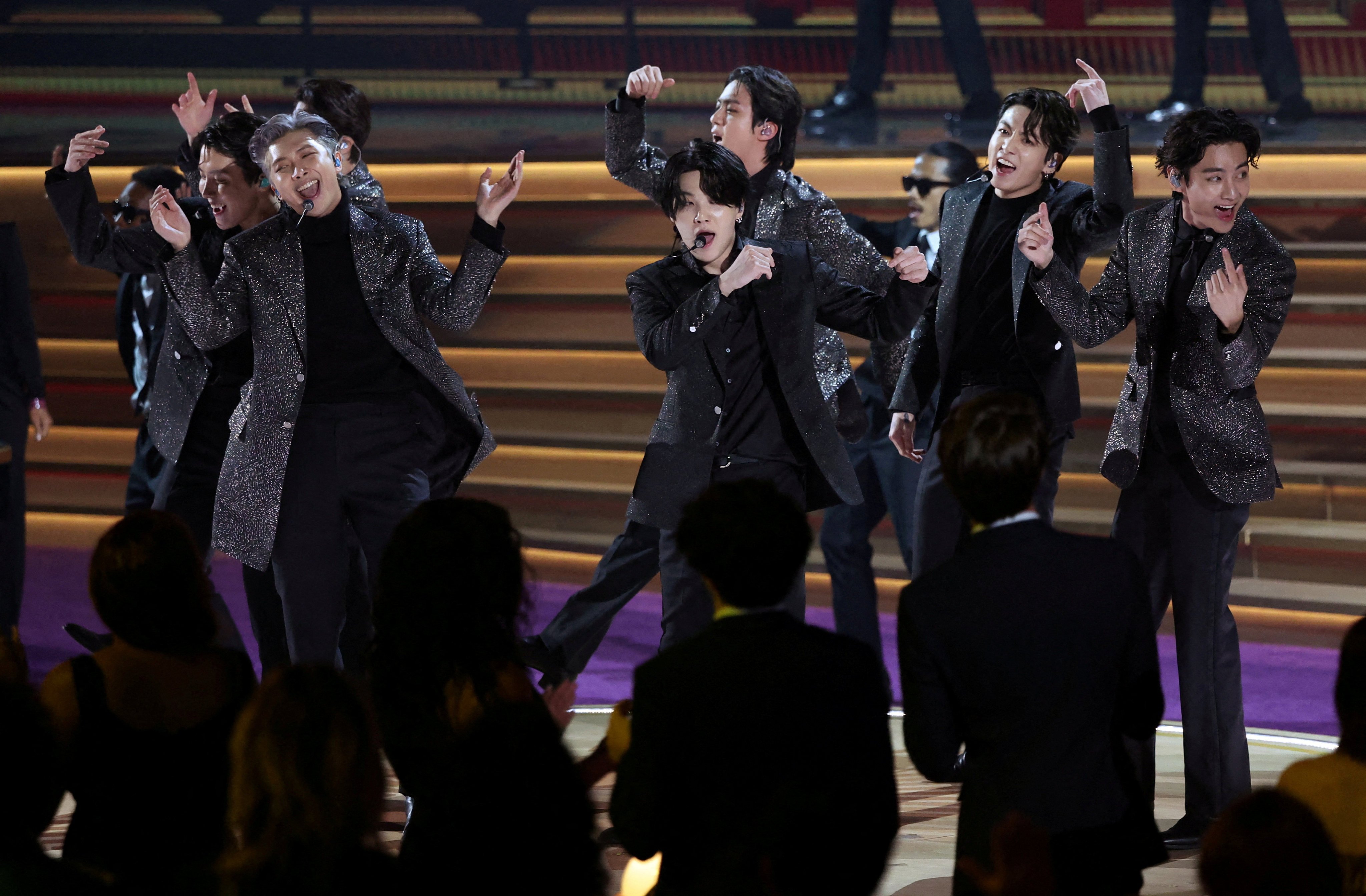 Members of BTS perform during the 2022 Grammy Awards show in Las Vegas, US. Photo: Reuters
