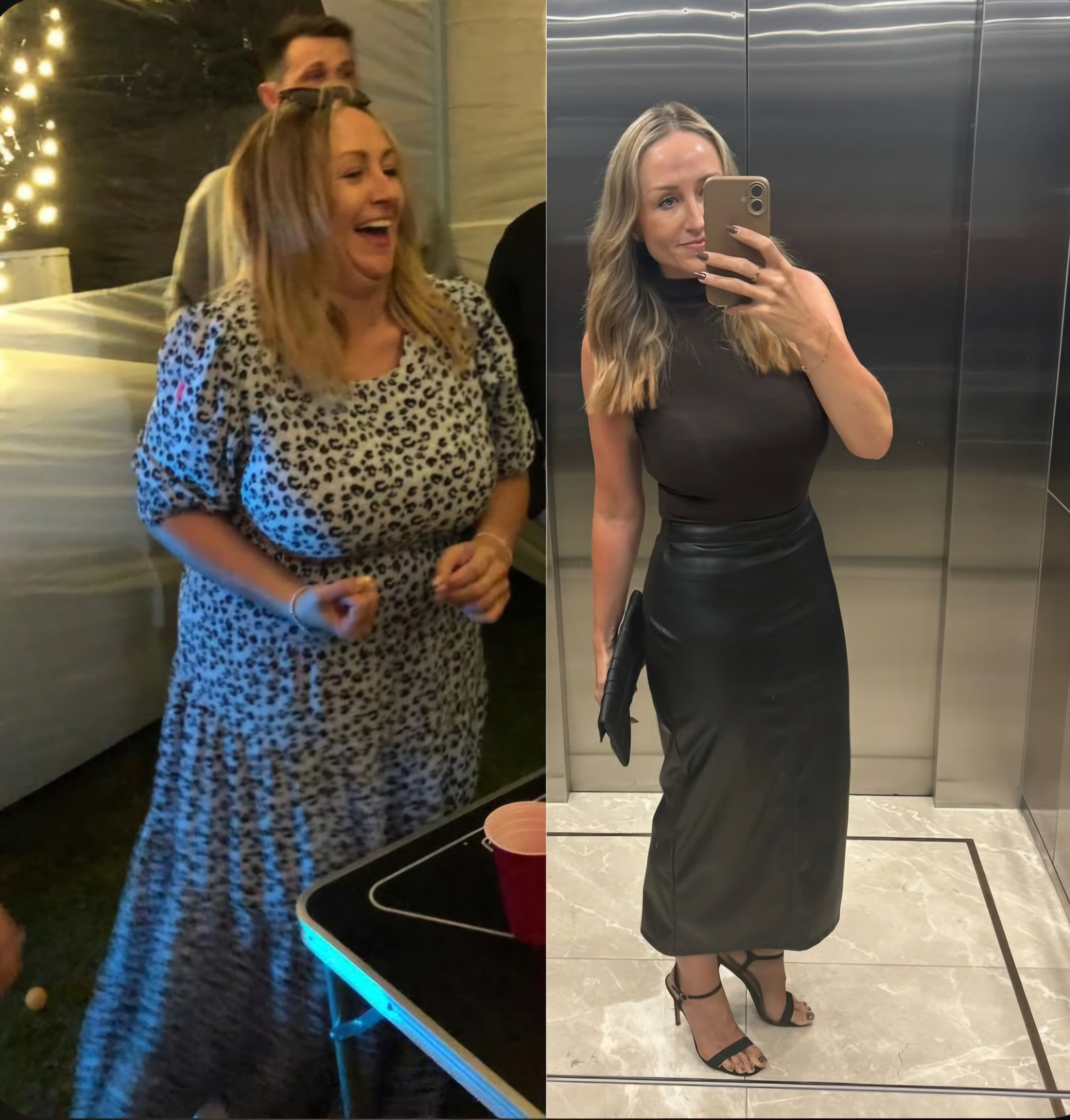 Jodi Clark, seen in January 2023 and this month,  who now runs online groups, challenges and retreats for women, has lost 38kg (84lb) since she stopped drinking more than 3 years ago. Photo: Jodi Clark