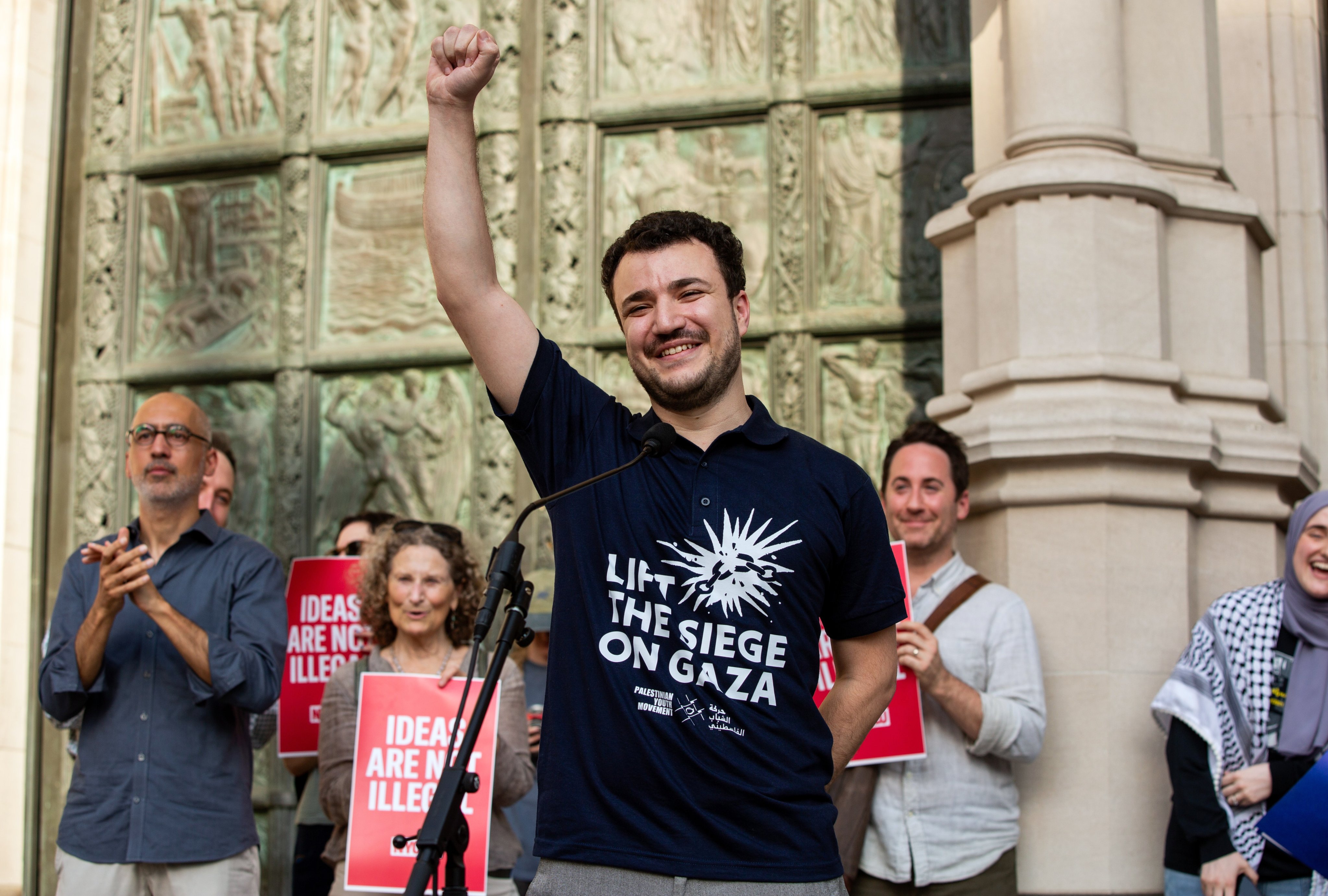 Mahmoud Khalil attends a “Welcome Home” rally on the steps of the Cathedral of St. John the Divine in New York in June 2025. Photo: EPA
